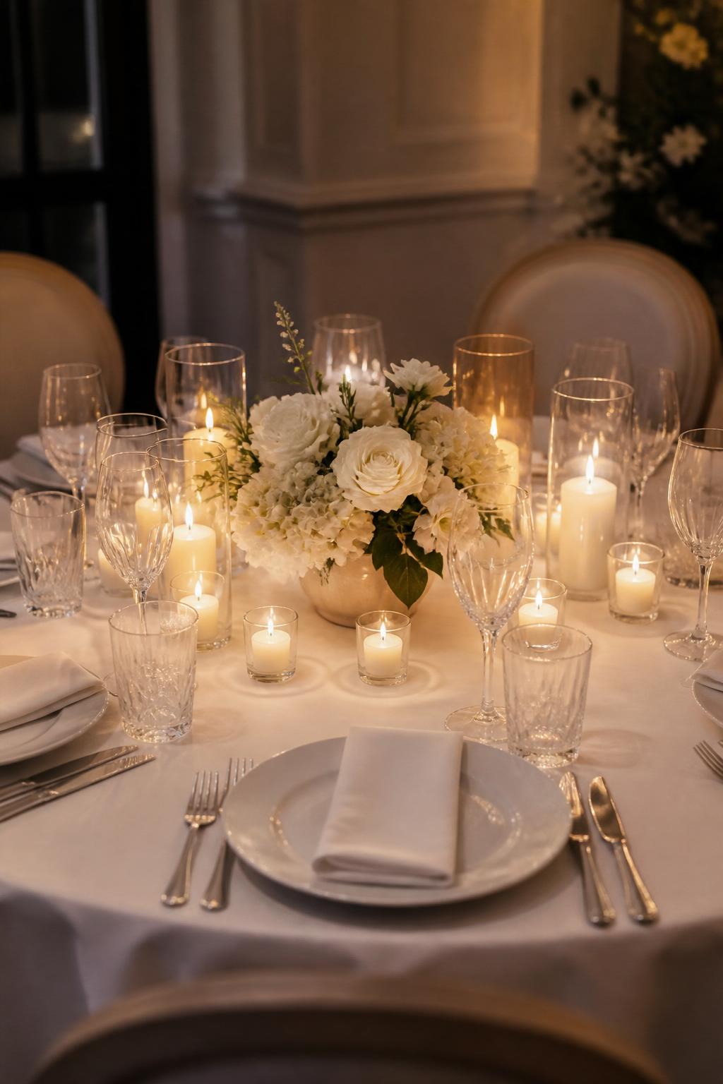 Image Prompt:
A romantic civil wedding reception photo showing a small round table with one low white floral arrangement in the center, surrounded by a ring of candles in clear glass holders. Add white plates, linen napkins, clear crystal glasses, and soft warm light. No visible faces, no text, no watermark, professional editorial wedding photography, (no watermarks on images)