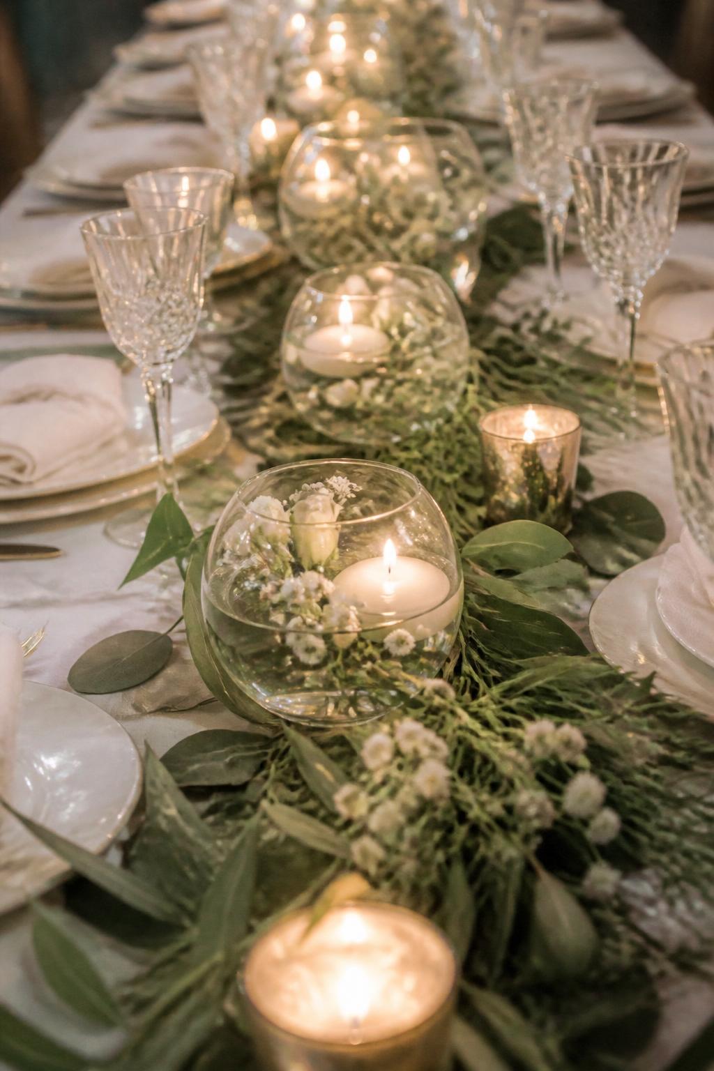 Image Prompt:
A romantic wedding table photo showing small clear glass bowls with floating candles and tiny flowers, placed along the center of a long table with greenery, white plates, linen napkins, crystal glasses, and soft warm lighting. Elegant whimsical reception setting, no visible faces, no text, no watermark, realistic editorial wedding photography, (no watermarks on images)