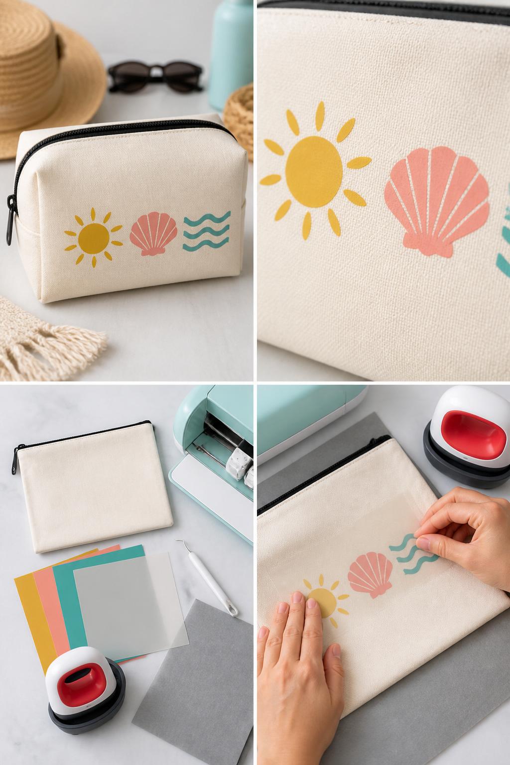 Detailed Image Prompt:
A realistic editorial 2x2 collage grid showing a beginner Cricut travel toiletry bag, top-left finished zippered toiletry pouch with heat-transfer vinyl sun, shell, and wave icons, top-right close-up of HTV on canvas pouch fabric, bottom-left flat lay of blank canvas pouch, heat-transfer vinyl, Cricut machine, weeding tool, mini heat press, and Teflon sheet, bottom-right cropped hands pressing vinyl onto the pouch, summer travel craft setup, no faces, no text, no watermark on images.