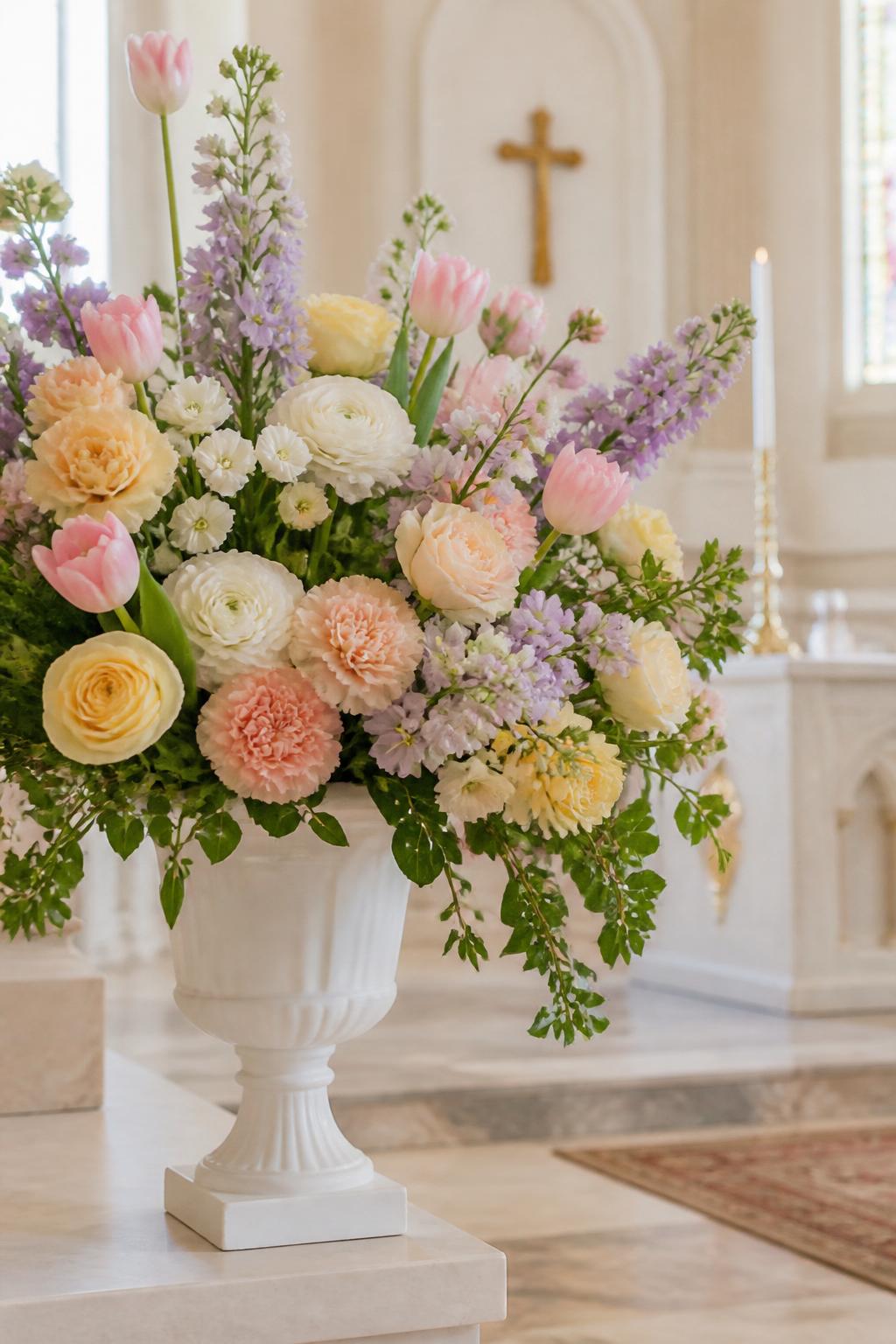 Image Prompt:
A soft spring church flower arrangement with pastel pink tulips, pale yellow roses, lavender stock, white ranunculus, peach carnations, and fresh green foliage in a classic white urn, placed near a church altar, soft morning light, bright peaceful church interior, no people, no faces, realistic pastel floral styling, editorial DSLR-style photo, no text, no watermark.