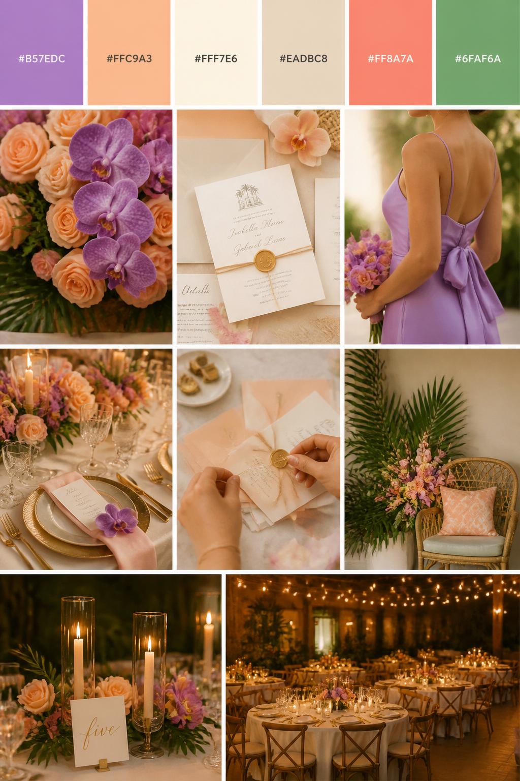 A realistic wedding color palette collage with a top row of swatches and hex codes in orchid purple, peach, cream, warm beige, soft coral, and fresh green. Below, show realistic wedding details such as orchid flowers, peach roses, cream table styling, elegant stationery, hands tying an invitation suite, a cropped-from-neck bridesmaid dress detail, and a warm reception setup lit by candlelight. Keep all people shown from the back, side, or cropped below the face, and include some no-people decor scenes for variety. The mood should feel romantic, tropical, warm, and polished with DSLR-quality realism. 9:16 vertical format. (no watermarks on images)