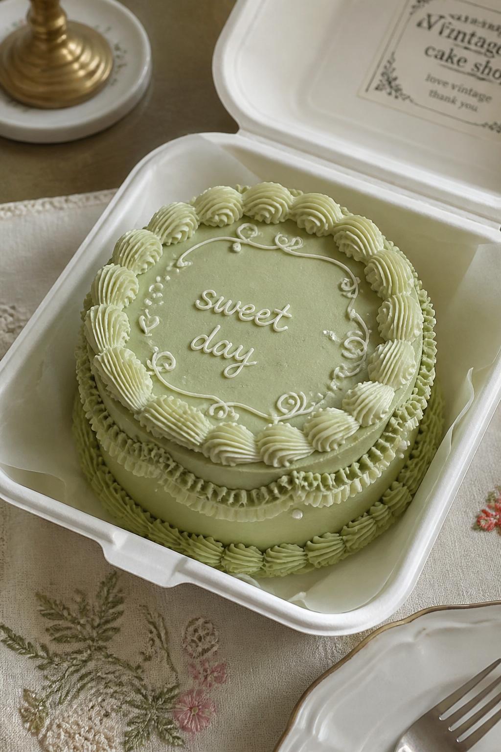 Image Prompt:
A vintage style green bento cake inside an open white cake box, soft pistachio green frosting, detailed shell borders, ruffle piping, delicate swirls, handwritten icing text reading “sweet day,” romantic retro bakery styling, soft table setting, realistic close-up dessert photography, no people, no hands, no faces, no watermarks on images