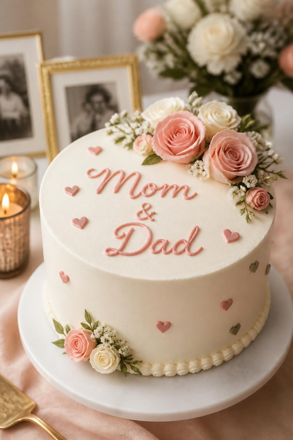 Image Prompt: A charming anniversary cake designed for parents with smooth white buttercream, neat piped script that says “Mom & Dad,” small heart accents, and soft floral details in blush and cream. Style it on a simple elegant dessert table with framed family photos blurred in the background, candles, and soft neutral decor. Make it realistic, sentimental, and polished, no people, no faces, no watermark. (no watermarks on images)