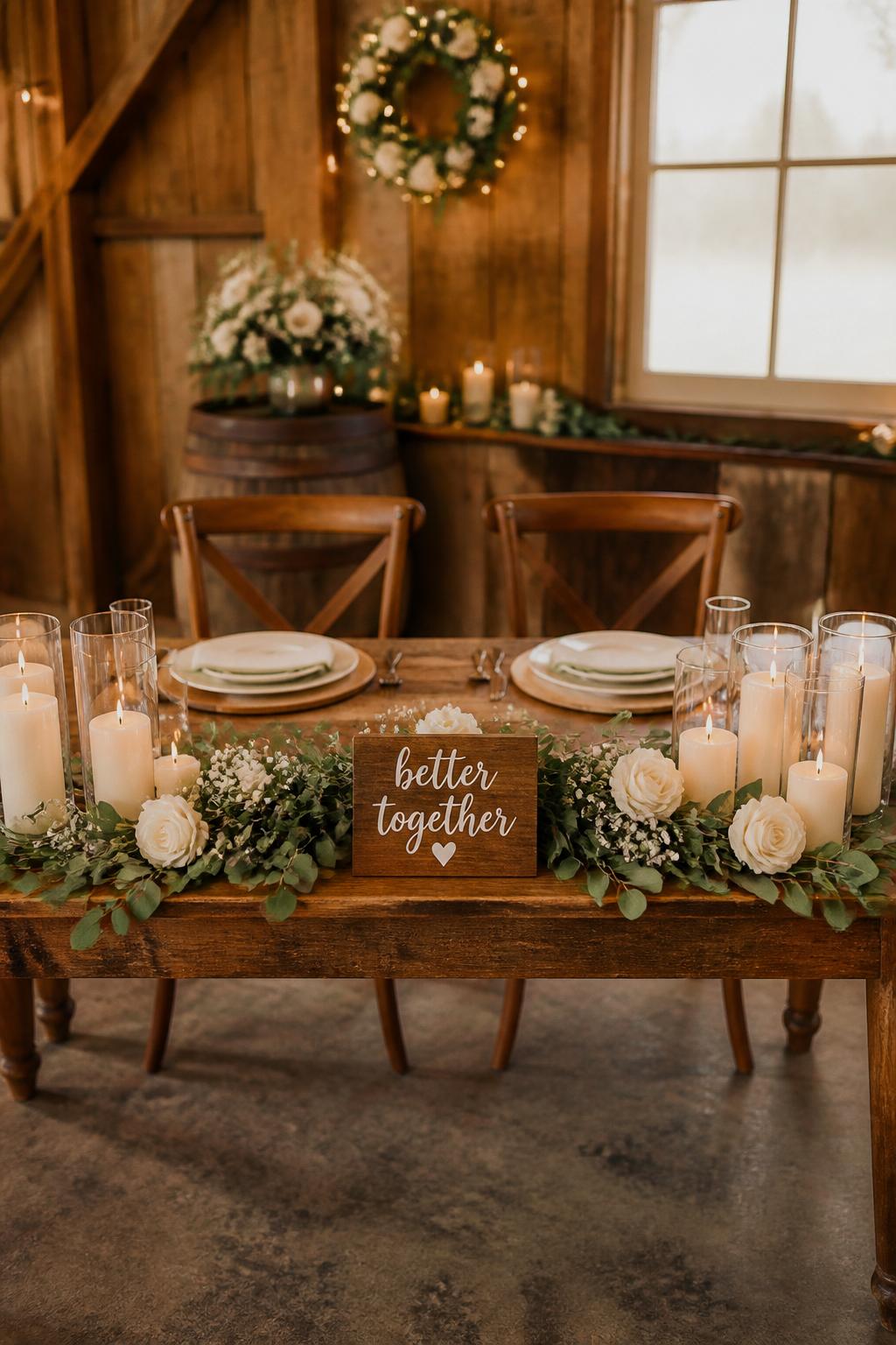 Image Prompt:
A charming rustic wedding sweetheart table featuring a bare wooden table, a cute handcrafted sign, eucalyptus greenery, white flowers, cream candles, ceramic plates, and warm barn or countryside lighting. No visible faces, no full people, realistic DSLR editorial wedding photography, no text except a small decorative sign style look, (no watermarks on images)