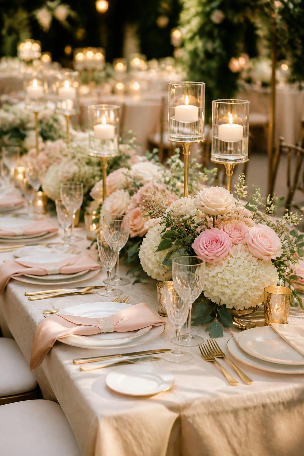 A professional editorial wedding reception photo showing a long rectangle wedding table styled with blush pink roses, ivory flowers, soft greenery, gold candle holders, gold flatware, white plates, clear crystal glasses, folded blush linen napkins, and warm romantic lighting. Elegant indoor or garden wedding reception setting, no visible faces, no full people, table-focused composition, realistic DSLR wedding photography, no text, no watermark, (no watermarks on images)