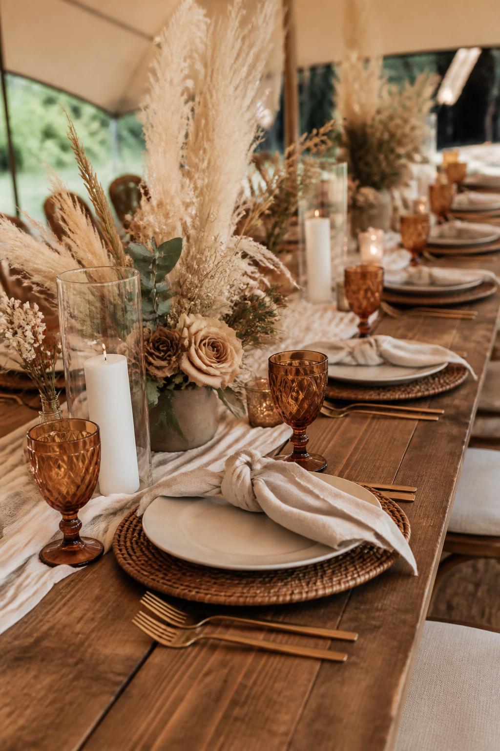 Image Prompt:
A stylish boho farm table wedding photo showing a long wooden table with pampas grass, dried flowers, beige roses, neutral linen napkins, rattan chargers, amber glassware, and warm candlelight. Outdoor tented or countryside reception setting, no visible faces, no text, no watermark, realistic DSLR editorial photography, (no watermarks on images)
