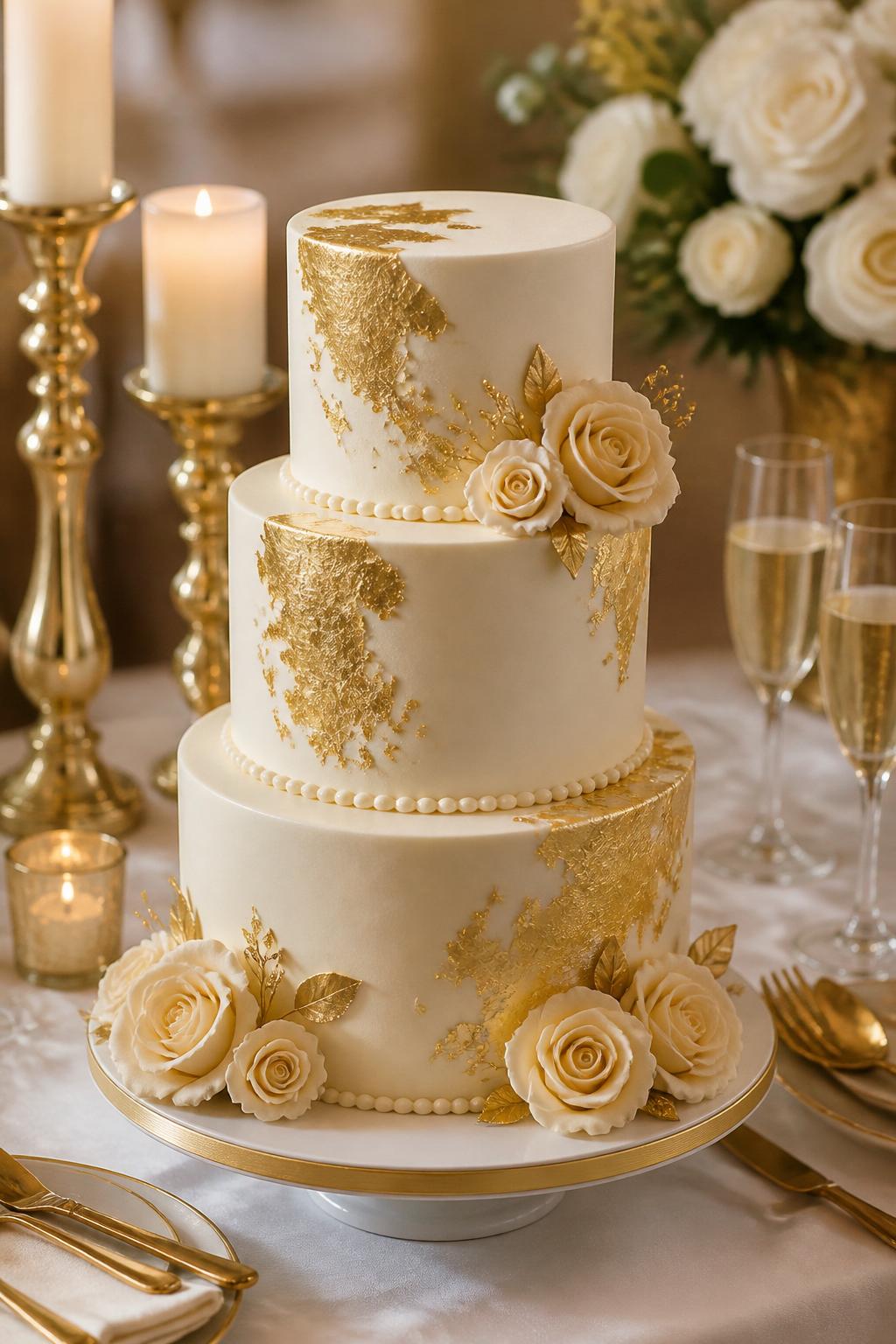 Image Prompt: A classic golden wedding anniversary cake with three smooth ivory tiers, edible gold leaf accents, delicate pearl borders, and soft cream sugar roses around the base. Style it on an elegant dessert table with gold candle holders, champagne glasses, white linen, and warm romantic lighting. Make it look timeless, refined, and realistic, with luxury editorial food photography, no people, no faces, no text overlay, no watermark. (no watermarks on images)