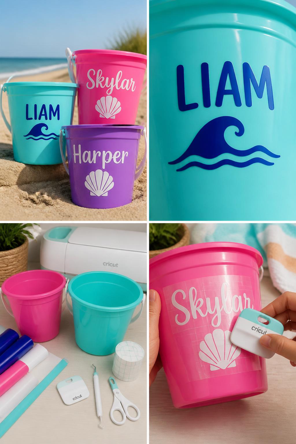 Detailed Image Prompt:
A realistic editorial 2x2 collage grid showing beginner Cricut beach bucket labels, top-left finished colorful beach buckets with vinyl names and simple shell or wave icons, top-right close-up of glossy vinyl letters on plastic bucket surface, bottom-left flat lay of blank beach buckets, permanent vinyl, transfer tape, Cricut machine, scraper, weeding tool, and scissors, bottom-right cropped hands smoothing vinyl onto a bucket, sunny beach craft prep setting, no faces, no text except simple names, no watermark on images.