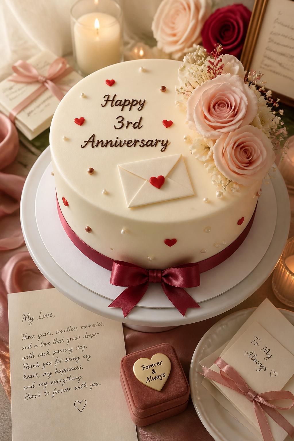 Image Prompt: A sentimental 3rd anniversary cake with smooth ivory fondant, a tiny edible love letter envelope, small red hearts, pearl accents, and soft blush roses. Style it on a dessert table with folded love notes, candles, satin ribbon, and warm daylight. Make it romantic, thoughtful, and realistic, no people, no faces, no watermark. (no watermarks on images)