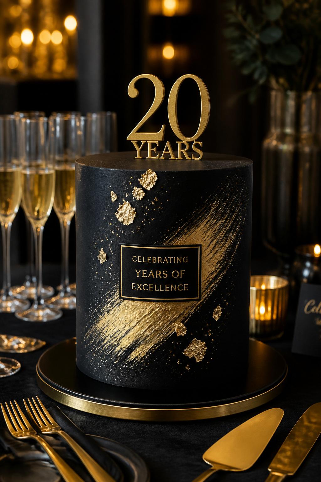 Image Prompt: A sleek black and gold company anniversary cake with matte black fondant, gold brush strokes, edible gold leaf, and a simple gold milestone topper. Style it on a formal corporate dessert table with gold cutlery, dark linen, champagne glasses, and warm moody lighting. Make it luxurious, polished, and realistic, no people, no faces, no watermark. (no watermarks on images)