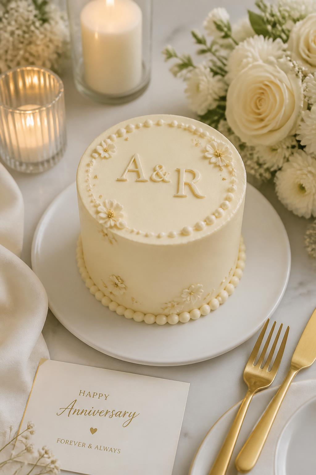 Image Prompt: A small anniversary mini cake with smooth ivory buttercream, a raised monogram of the couple’s initials, pearl borders, tiny cream flowers, and a soft gold accent. Place it on a clean dessert table with candles, gold cutlery, white linen, and soft neutral flowers. Make it personal, elegant, and realistic, no people, no faces, no watermark. (no watermarks on images)