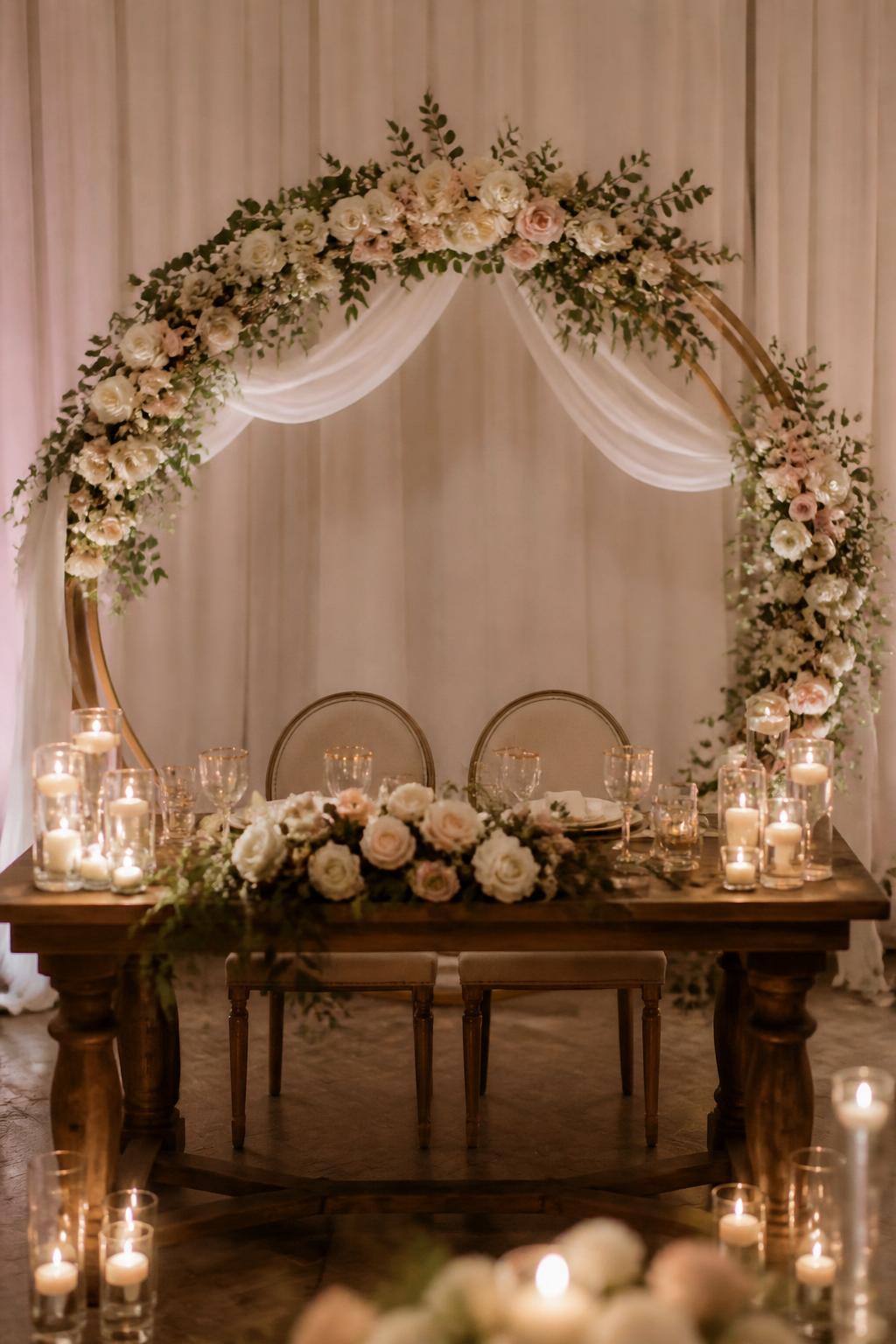 Image Prompt:
A romantic wedding reception photo showing a sweetheart table with a large floral hoop backdrop behind it, decorated with white roses, blush flowers, greenery, and soft draping. The table has candles, elegant place settings, and a warm refined reception setting. No visible faces, no full people, no text, realistic DSLR wedding photography, (no watermarks on images)