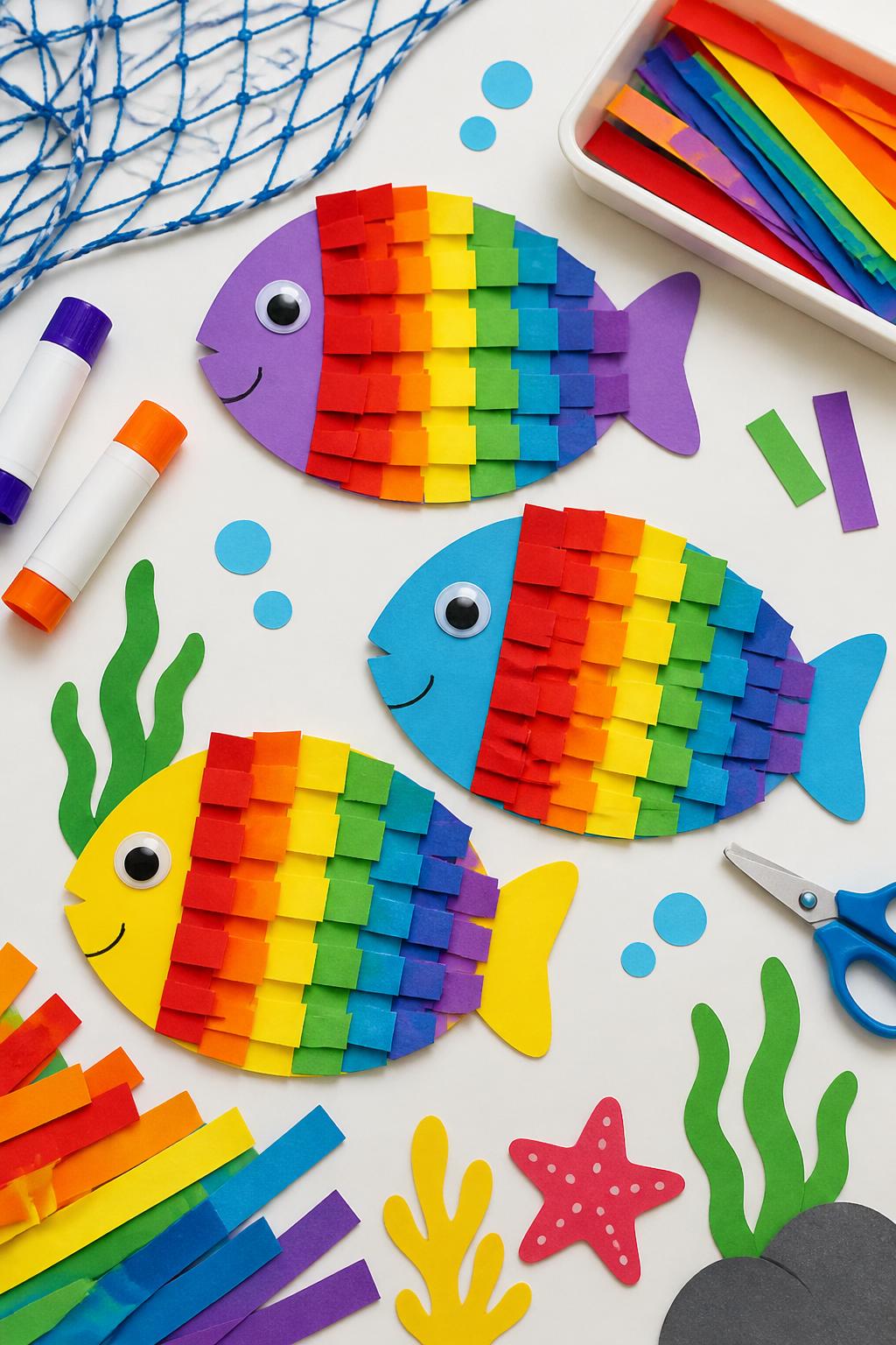 Detailed Image Prompt:
A colorful daycare craft photo showing paper strip rainbow fish, simple fish shapes filled with short strips of bright paper in red, orange, yellow, green, blue, and purple, googly eyes, glue sticks, and paper scraps arranged on a clean white table, playful ocean classroom craft style, no people, no faces, no readable text, no watermark on images.