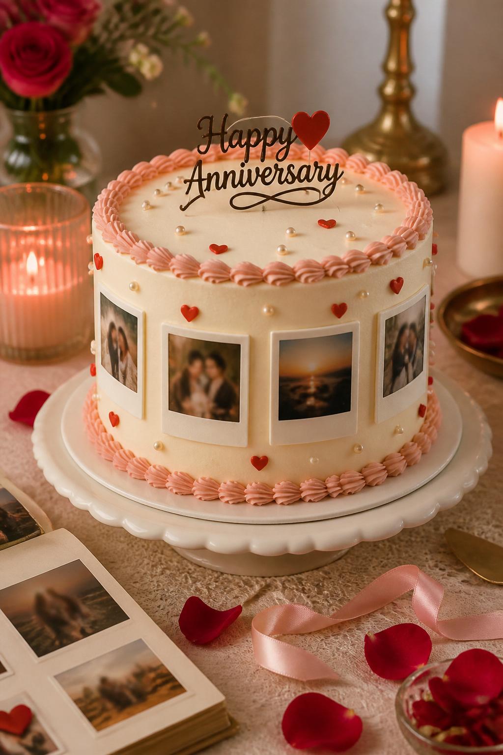 Image Prompt: A cute anniversary cake with smooth white buttercream, edible polaroid-style photo prints arranged around the side, tiny red hearts, pearl dots, soft pink piping, and a simple anniversary topper. Style it on a cozy dessert table with candles, rose petals, satin ribbon, and a small photo album. Make all polaroid photos softly blurred with no clear visible faces, realistic, sweet, no people, no faces, no watermark. (no watermarks on images)