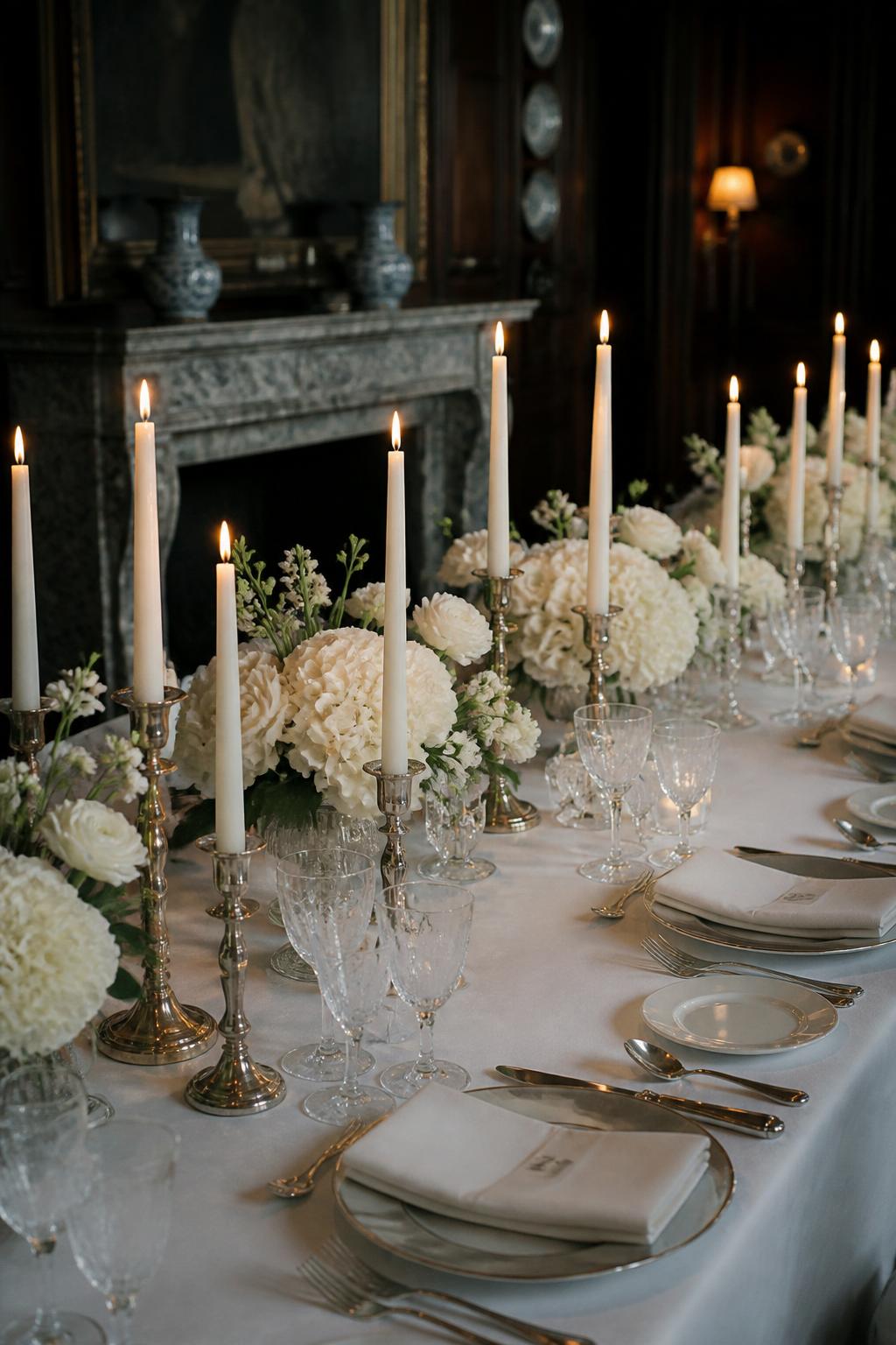 Image Prompt:
A romantic old money wedding table styled with ivory taper candles in mixed antique silver, brass, and glass holders, paired with low white floral arrangements, white linen, crystal glasses, white plates, and polished flatware. Elegant evening reception in a historic home or private club, no visible faces, no text, no watermark, realistic DSLR photography, (no watermarks on images)