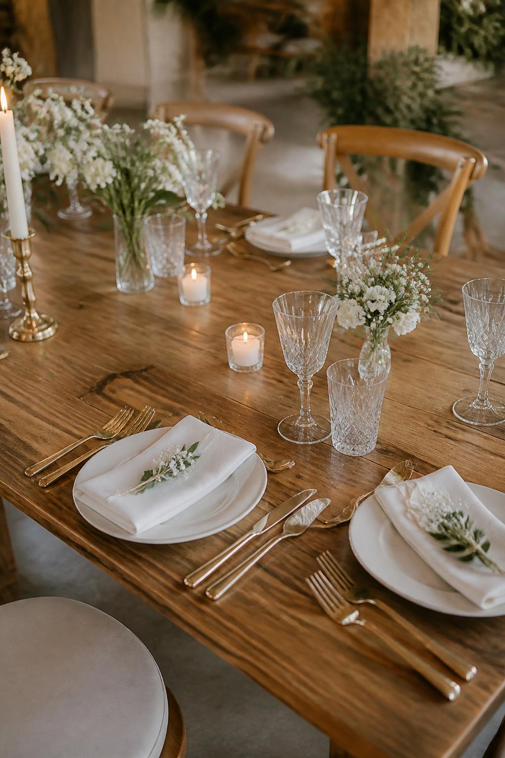 Image Prompt:
A refined wedding reception photo showing a mostly bare wooden farm table with elegant place settings, white plates, folded ivory napkins, gold flatware, crystal glasses, small floral sprigs, and a few simple candles. The wood table remains visible and polished, rustic yet classy venue setting, no visible faces, no text, no watermark, realistic editorial wedding photography, (no watermarks on images)