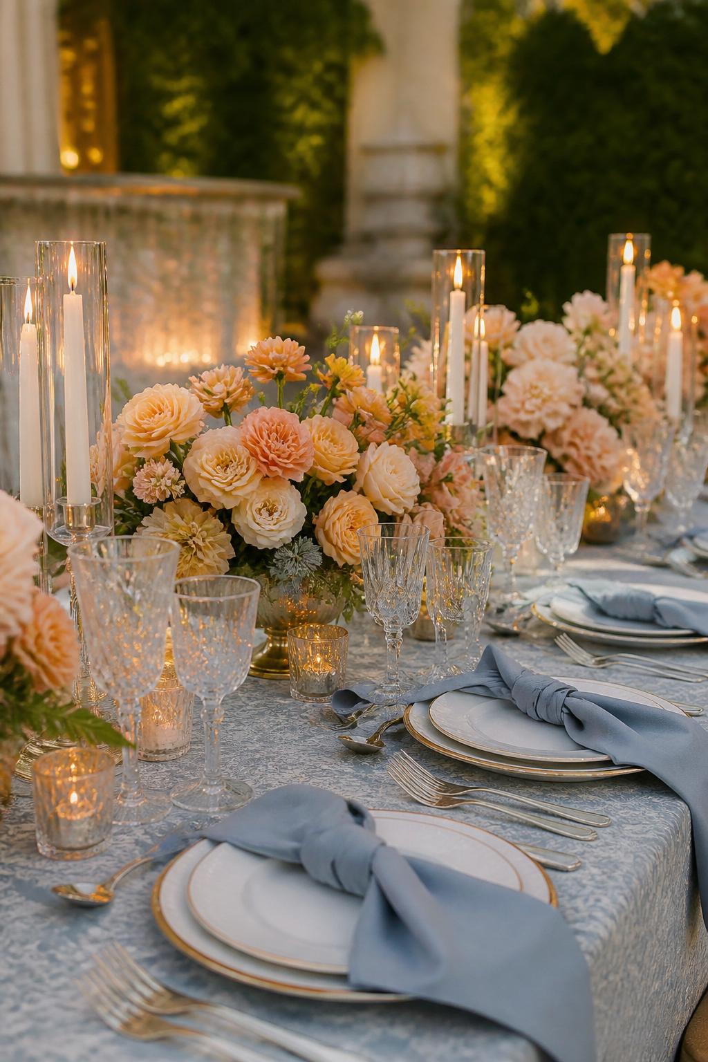 Image Prompt:
A stylish wedding table image showing soft orange floral arrangements paired with dusty blue napkins, white plates, polished flatware, clear crystal glasses, and warm candlelight. Elegant garden or estate reception setting, no visible faces, no text, no watermark, professional DSLR wedding photography, (no watermarks on images)