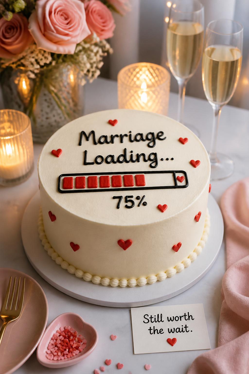 Image Prompt: A funny couple anniversary cake with smooth white buttercream, a piped loading bar design, tiny hearts, playful black lettering that says “Marriage Loading…” and small red heart accents. Style it on a modern dessert table with candles, champagne glasses, flowers, and soft romantic lighting. Make it witty, cute, realistic, and polished, no people, no faces, no watermark. (no watermarks on images)