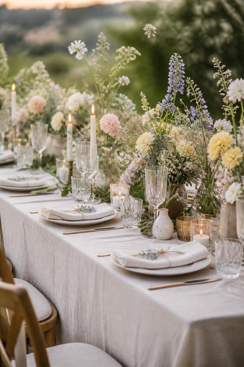 Image Prompt:
A pretty wedding table decorated with loose wildflower arrangements in white, pale yellow, blush, lavender, and soft blue. Add natural linen, ceramic plates, clear glassware, small candles, and soft greenery. Outdoor garden or countryside wedding reception setting, no visible faces, no text, no watermark, realistic editorial wedding photography, (no watermarks on images)