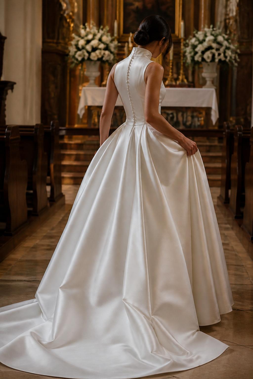 Image Prompt: A professional editorial bridal image of a bride in a high neck satin ball gown standing in a traditional church interior. The gown has a smooth structured satin bodice, high neckline, defined waist, and full dramatic skirt with a small train. Show the model from the shoulders down or from behind while adjusting the skirt, making sure the face is completely hidden. Use soft warm lighting, classic church pews, elegant aisle setting, luxury bridal magazine quality, realistic satin shine, graceful composition, no visible face, no text, no watermark. (no watermarks on images)