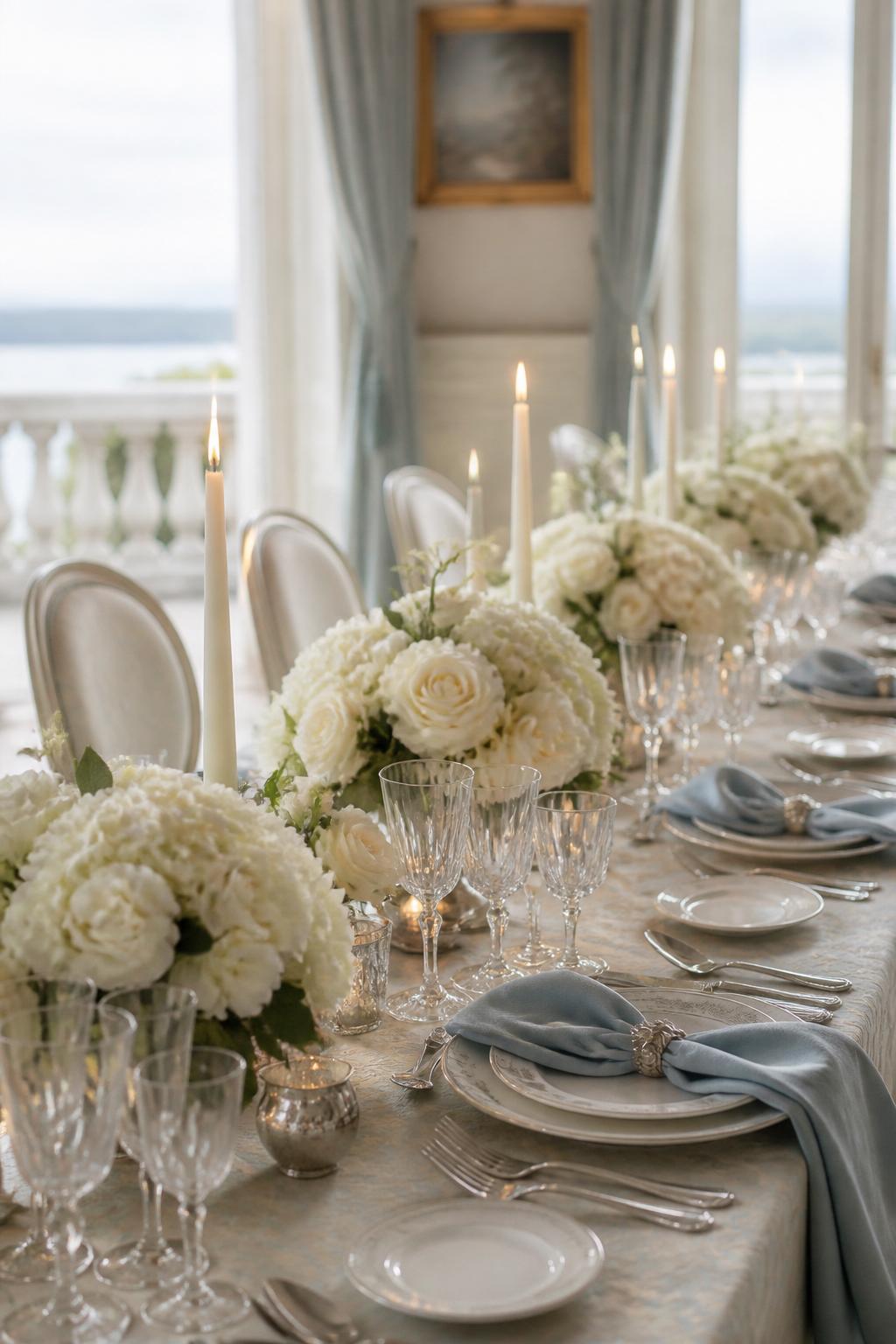 Image Prompt:
A graceful old money wedding table styled with soft blue linen napkins, white roses, white hydrangeas, silver flatware, crystal glasses, white plates, and ivory candles. Elegant coastal estate or country house reception setting, no visible faces, no text, no watermark, realistic editorial wedding photography, (no watermarks on images)