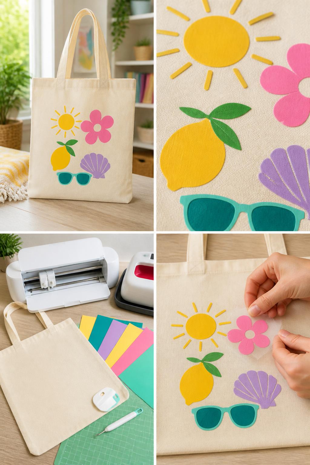 Detailed Image Prompt:
A realistic editorial 2x2 collage grid showing a beginner Cricut summer tote bag project, top-left finished canvas tote with simple heat-transfer vinyl icons like sun, lemon, shell, flower, and sunglasses, top-right close-up of clean HTV edges on canvas fabric, bottom-left flat lay of blank tote bag, heat-transfer vinyl sheets, Cricut machine, cutting mat, weeding tool, heat press, and scraper, bottom-right cropped hands pressing vinyl icons onto the tote, bright summer craft room setting, no faces, no text, no watermark on images.