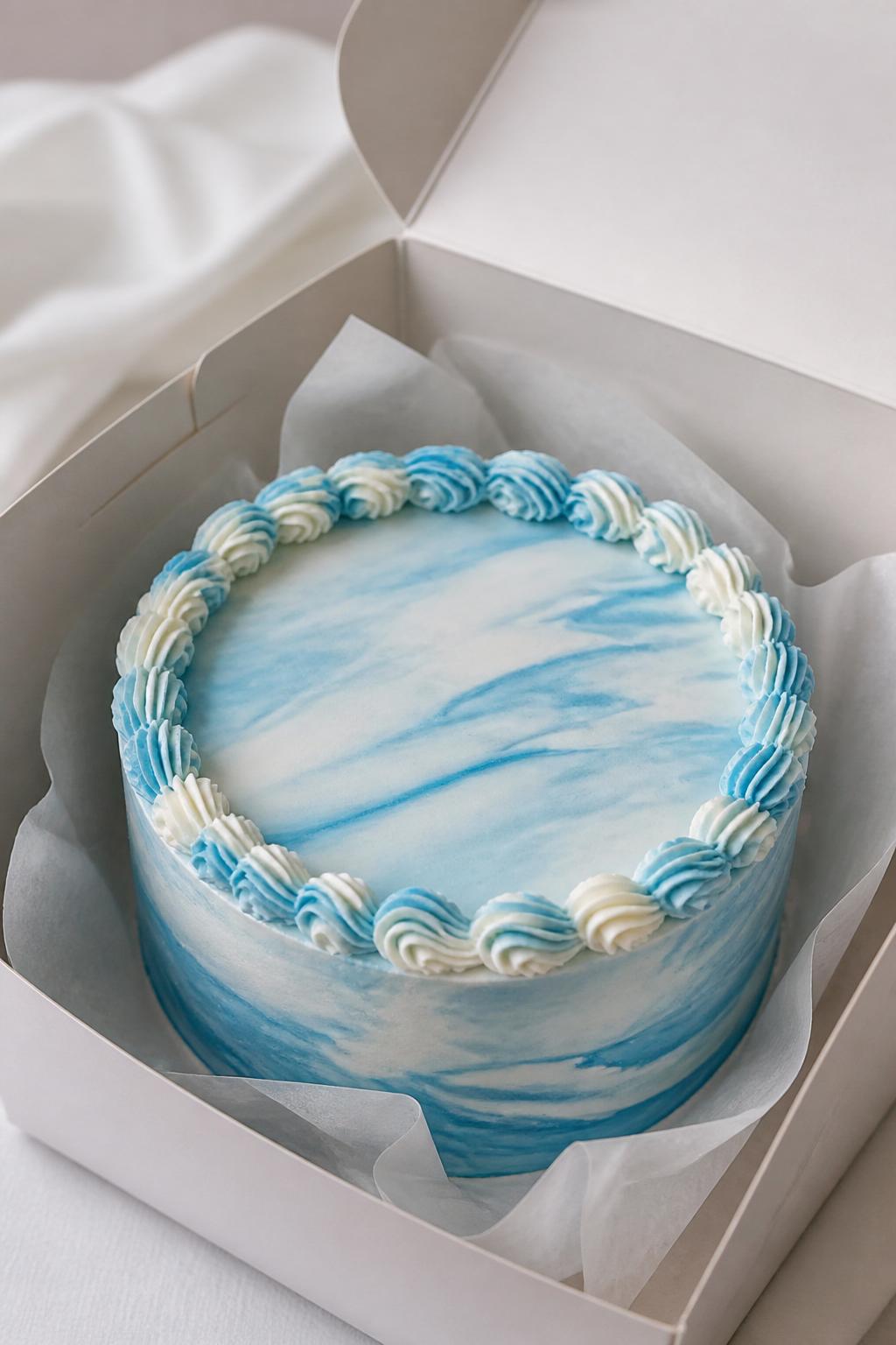 Image Prompt:
A stylish blue marble bento cake inside an open white cake box, smooth buttercream frosting with soft baby blue and white marble swirls, neat border, modern elegant styling, clean soft background, realistic close-up bakery photography, no people, no hands, no faces, (no watermarks on images)