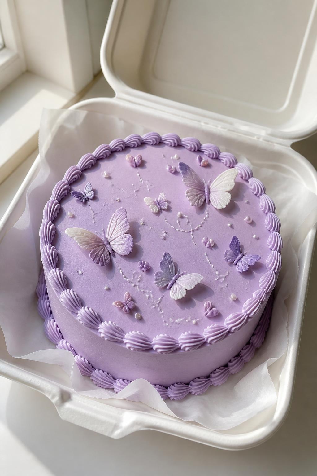 Image Prompt:
A cute butterfly themed purple bento cake inside an open white cake box, smooth pastel purple frosting, tiny delicate butterfly decorations in lavender and white tones, neat piped border, soft whimsical bakery styling, bright natural light, realistic close-up dessert photography, no people, no hands, no faces, (no watermarks on images)