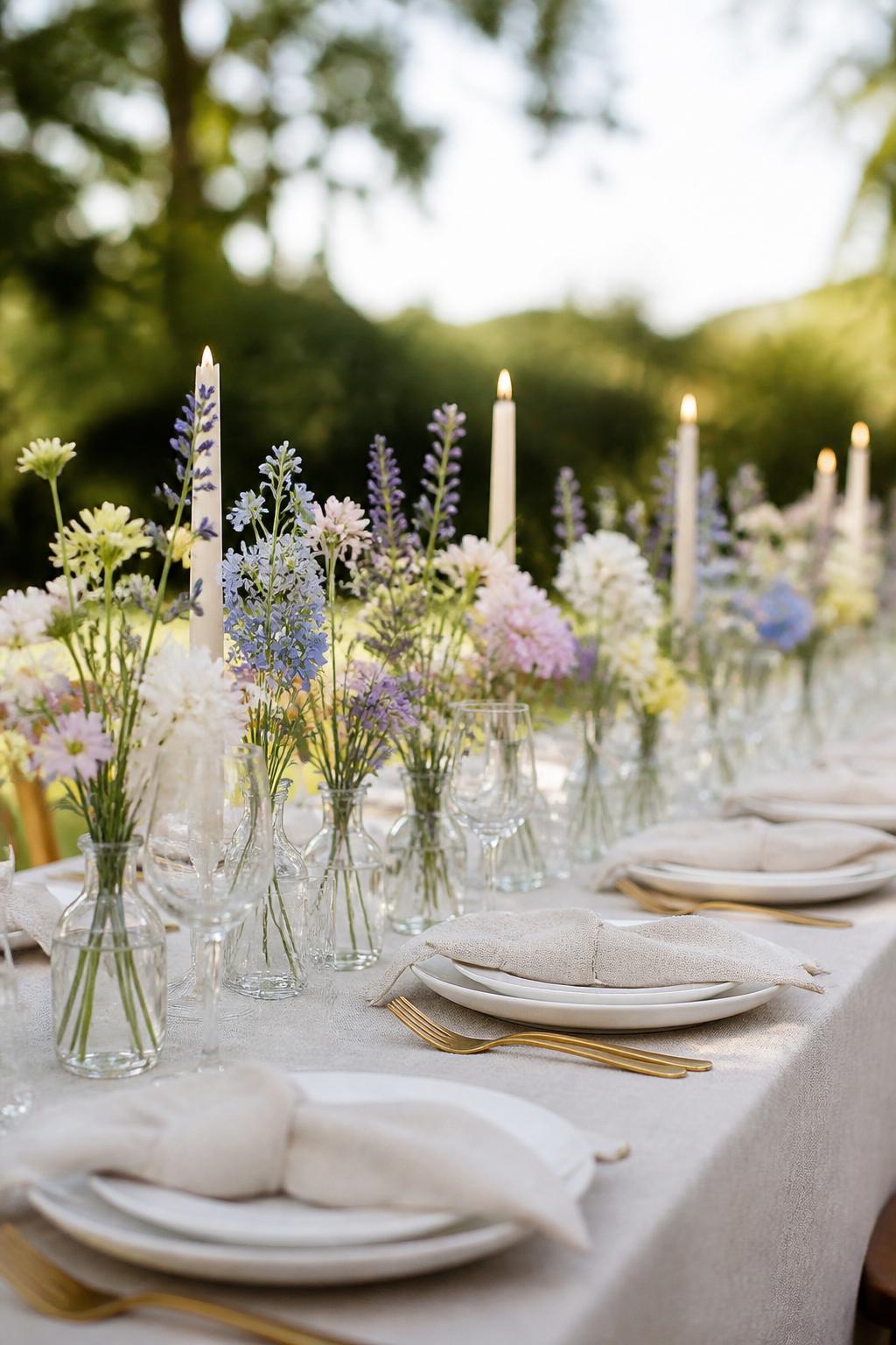 Image Prompt:
A pretty whimsical wedding table photo showing a neat line of small clear bud vases, each holding wildflowers in white, lavender, blush, pale yellow, and soft blue. Add slim candles, natural linen, white plates, gold flatware, and clear glasses. Outdoor garden reception setting with soft natural light, no visible faces, no text, no watermark, realistic editorial photography, (no watermarks on images)