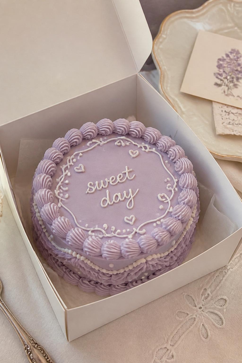 Image Prompt:
A vintage style lilac bento cake inside an open white cake box, soft lilac frosting, detailed shell borders, ruffle piping, delicate swirls, handwritten icing text reading “sweet day,” romantic retro bakery styling, soft table setting, realistic close-up dessert photography, no people, no hands, no faces, (no watermarks on images)