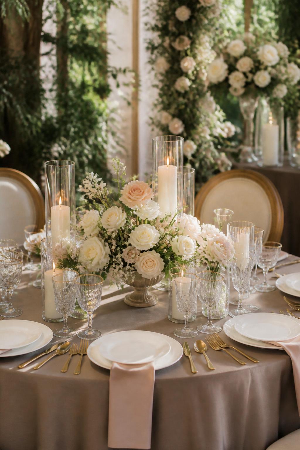 Image Prompt:
A romantic wedding table photo showing taupe brown table linens, soft ivory and blush floral arrangements, gold flatware, white plates, crystal glasses, and ivory candles. Elegant garden or indoor reception setting with warm natural light, no visible faces, no text, no watermark, realistic wedding magazine photography, (no watermarks on images)