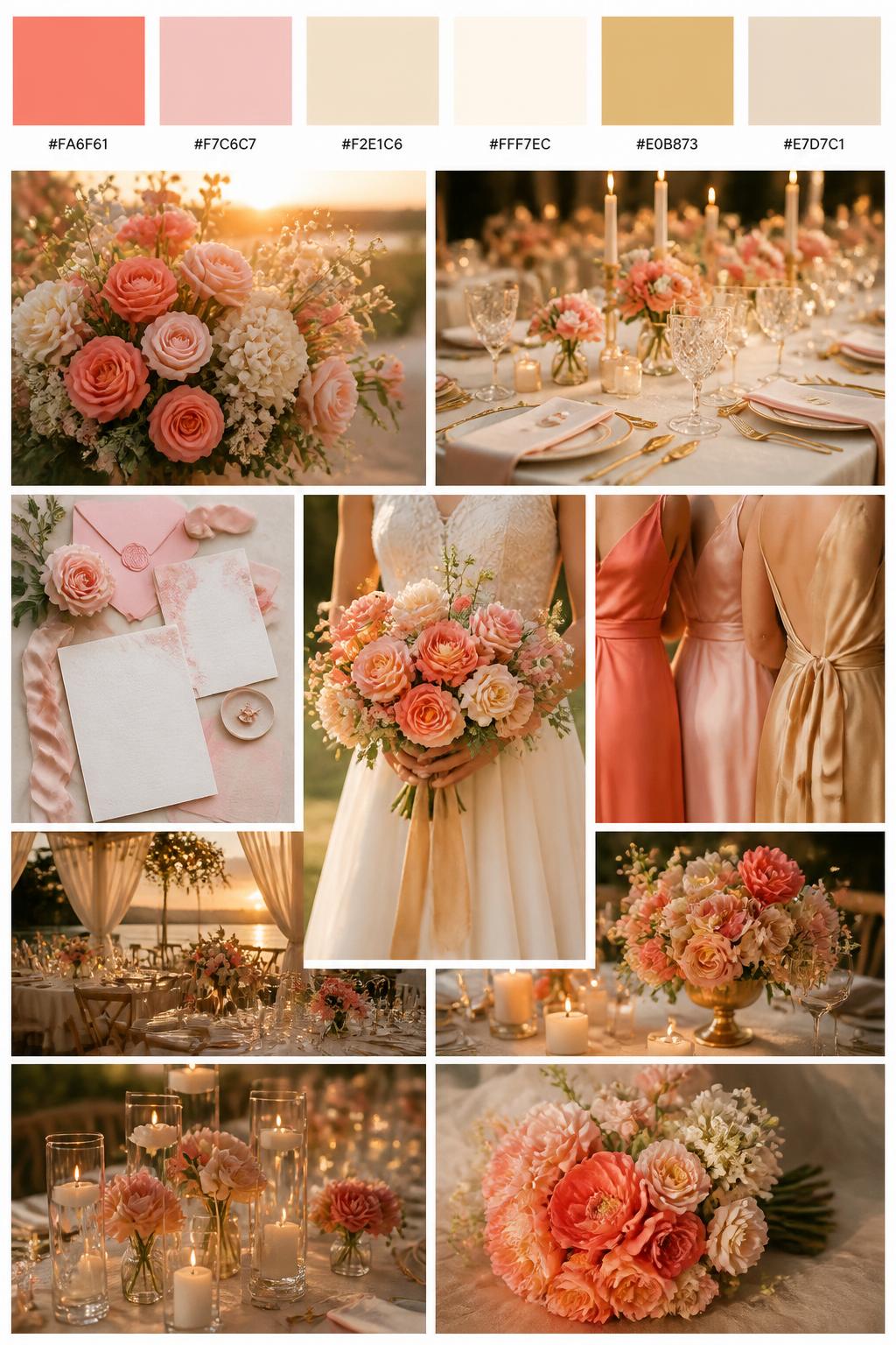 Image Prompt:
A realistic sunset wedding mood board with a top strip of color swatches and small hex codes in coral, blush pink, champagne, ivory, soft gold, and warm sand. Below, show a polished collage of wedding details: coral and blush bouquets, champagne table settings, soft pink invitation styling, candlelit reception decor, bridesmaid dress fabric shots cropped below the shoulders, hands holding a bouquet, and elegant floral centerpieces in warm natural light. Use no clear faces, with side angles, back views, detail-only shots, and no-people table scenes. Keep the mood pretty, glowy, and romantic with realistic DSLR photo quality. 9:16 vertical format. No extra text except small hex codes. (no watermarks on images)