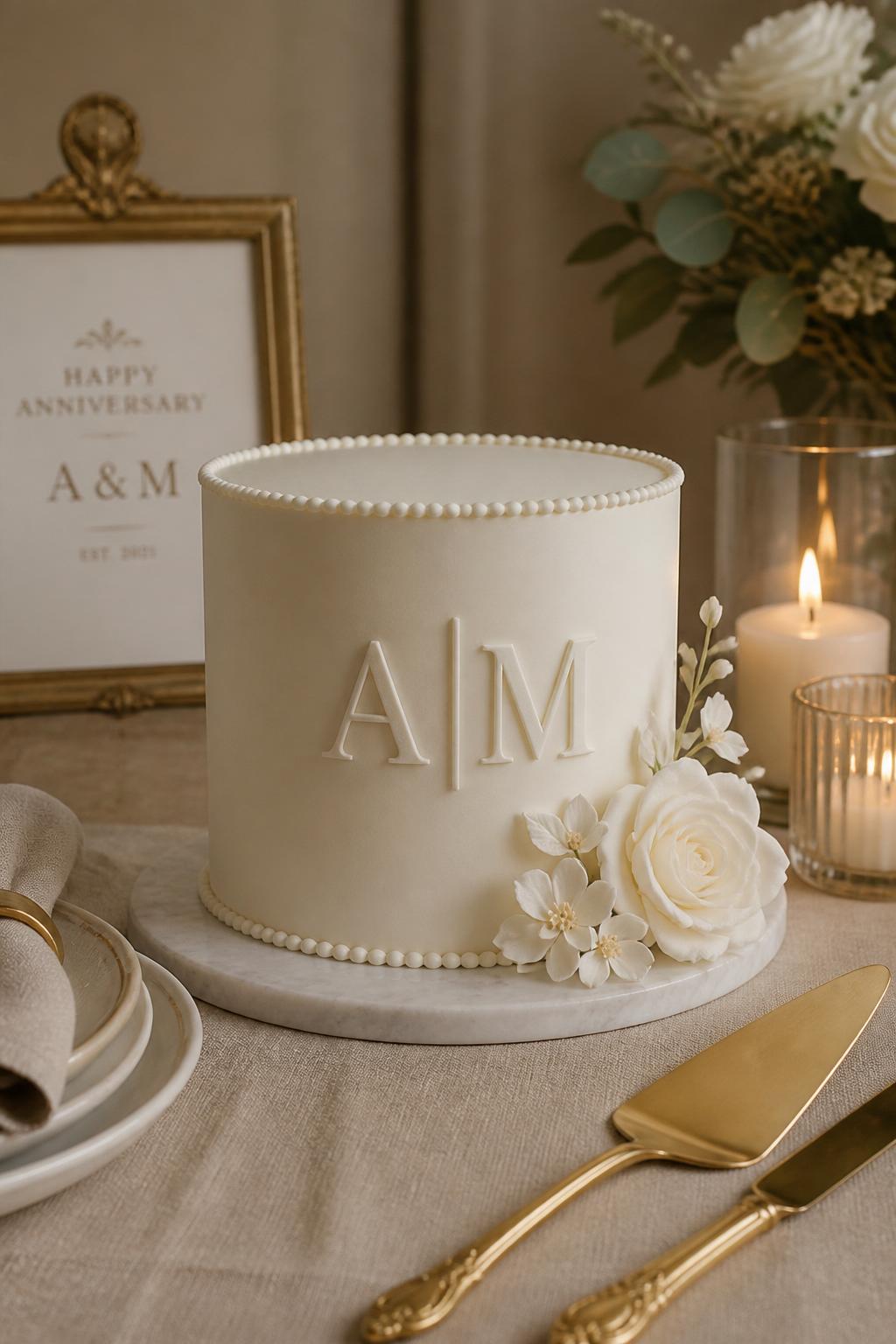 Image Prompt: A modern monogram anniversary cake with smooth ivory fondant, raised initials on the front, clean piping, and a few white sugar flowers at the base. Style it on a sleek dessert table with neutral linen, gold cutlery, and soft candlelight. Make the cake look personal, elegant, and editorial, with realistic fondant texture, no people, no faces, no watermark. (no watermarks on images)
