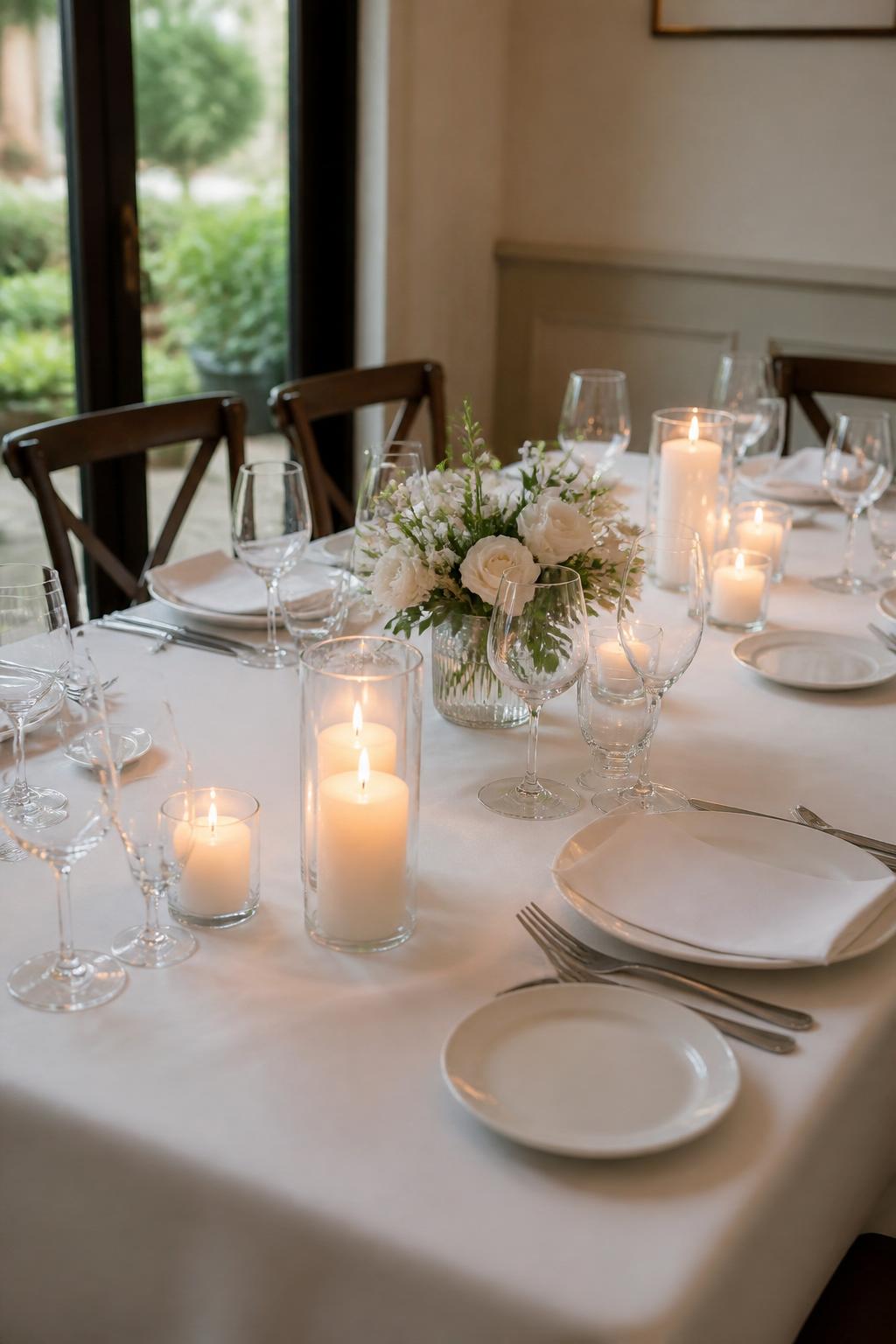 Image Prompt:
A stylish civil wedding lunch table set in a bright restaurant or small private dining room, decorated with simple ivory candles in glass holders, white plates, folded napkins, clear wine glasses, and one small white floral centerpiece. No visible faces, no full people, no readable text, no watermark, realistic DSLR editorial wedding photography, (no watermarks on images)