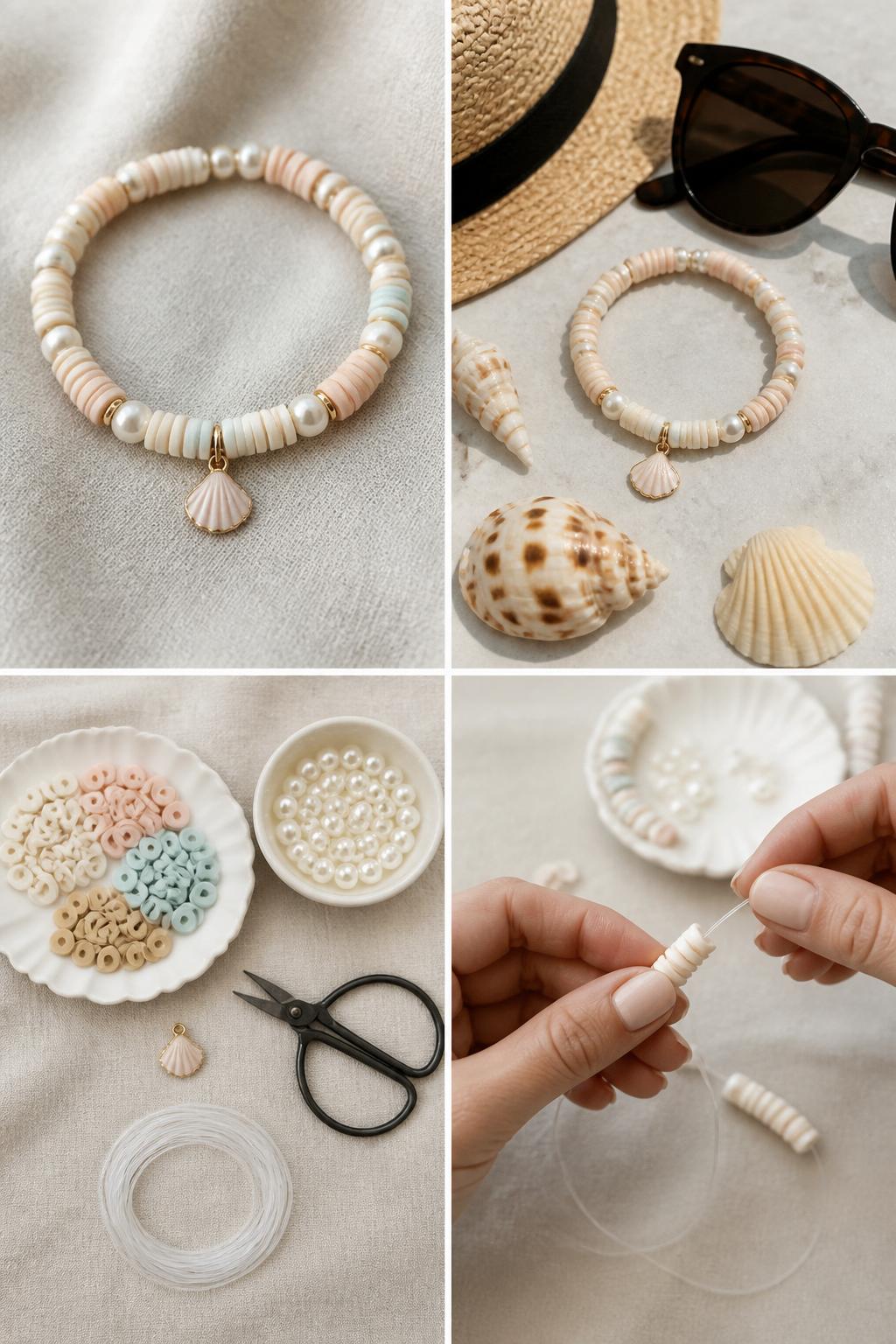 Detailed Image Prompt:
A realistic editorial 2x2 collage grid showing a soft seashell clay bead bracelet, top-left finished bracelet with cream, blush, sand, pearl, and pale aqua clay beads plus a tiny shell charm on linen fabric, top-right bracelet styled beside small seashells, a straw hat, and sunglasses on a summer table, bottom-left flat lay of clay beads, pearl beads, shell charm, elastic cord, scissors, and bead tray, bottom-right cropped hands stringing pale beads onto elastic cord, soft coastal summer craft styling, no faces, no text, no watermark on images.