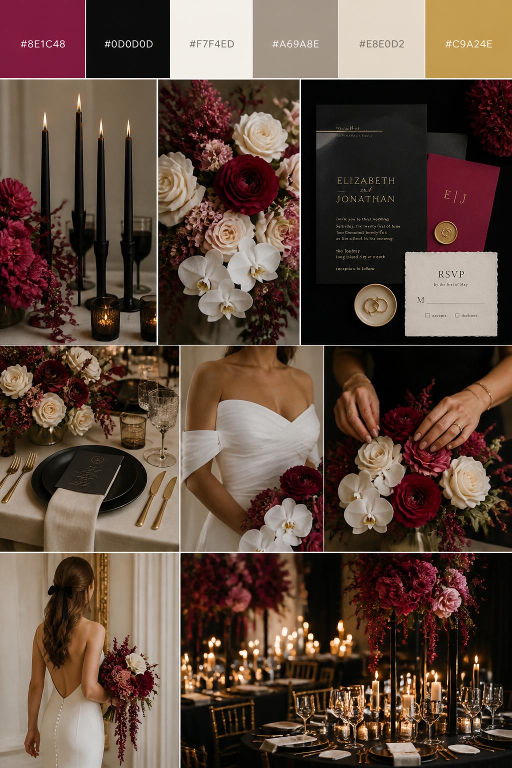 A realistic wedding inspiration mood board with a top strip of swatches and hex codes in raspberry, black, ivory, warm taupe, soft beige, and muted gold. Below, create a polished collage with black taper candles, raspberry flowers, ivory florals, elegant table settings, modern stationery, a cropped dress shot from below the chin, hands arranging flowers, and candlelit reception decor. Use a mix of no-people flat lays, bouquet close-ups, back-view styling, and side-angle detail photos with no visible full faces. The mood should feel modern, bold, elegant, and romantic with realistic DSLR photo quality. 9:16 vertical format. (no watermarks on images)