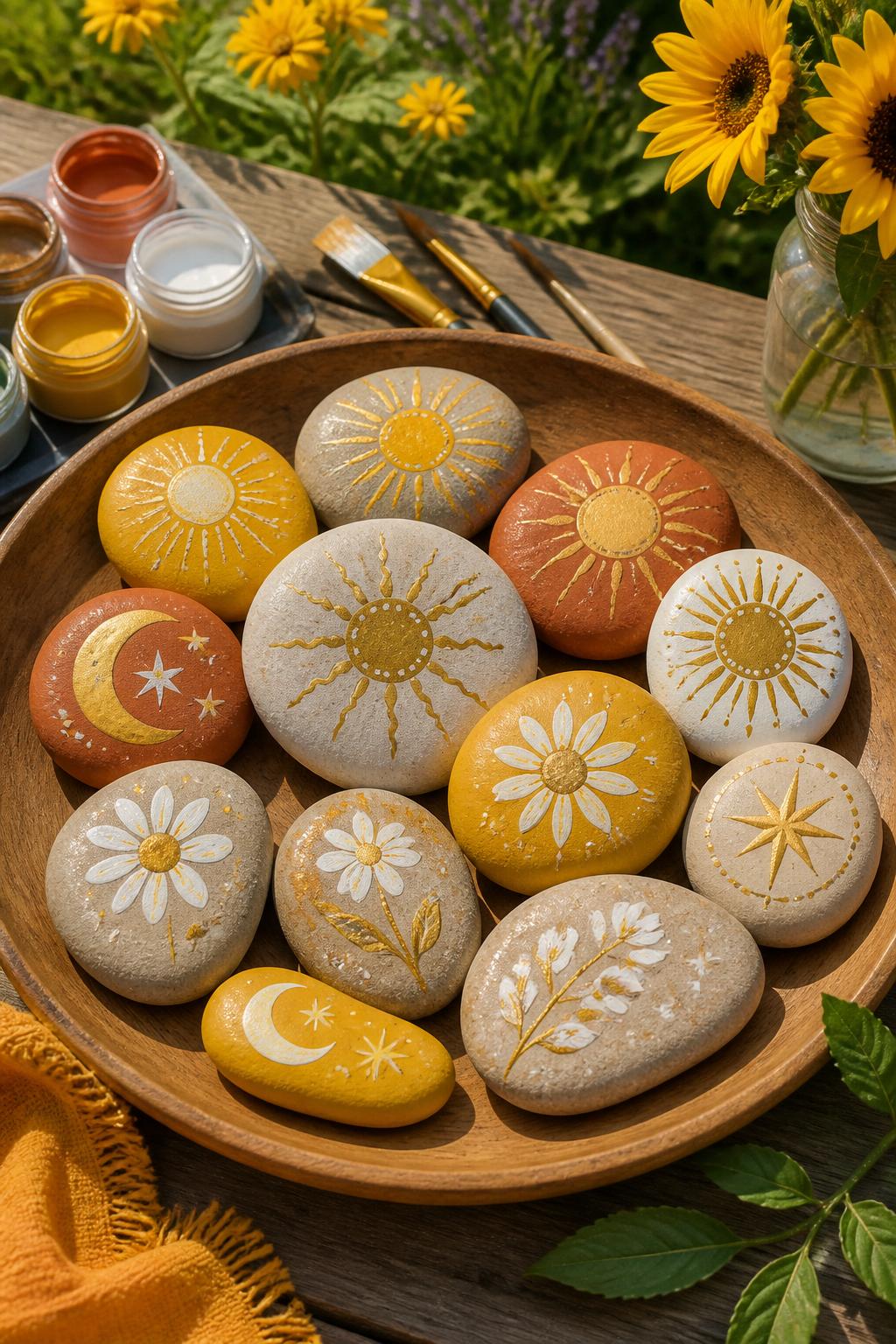 Detailed Image Prompt:
A bright summer solstice craft photo showing smooth painted stones decorated with suns, rays, stars, flowers, moons, and golden dotted patterns, yellow, white, gold, and terracotta paint colors, arranged in a shallow wooden bowl with paintbrushes and acrylic paints nearby, outdoor garden table setting, warm seasonal mood, no people, no faces, no readable text, no watermark on images.