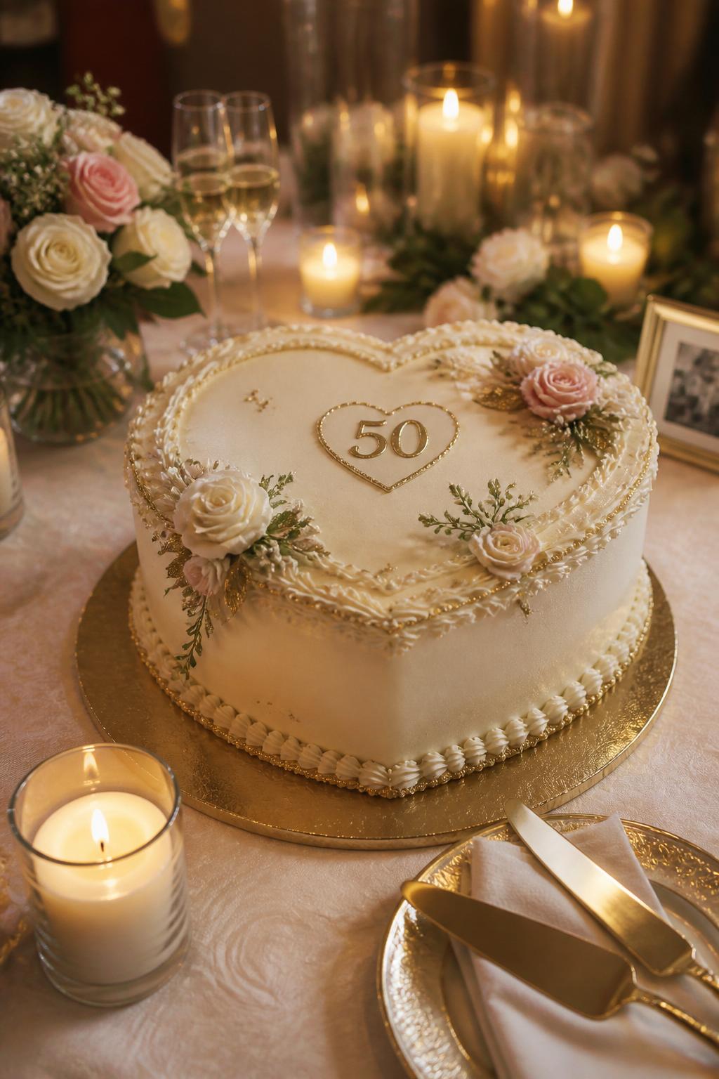 Image Prompt: Ultra-realistic intimate 50th wedding anniversary dinner scene featuring a classy heart-shaped anniversary cake with smooth ivory buttercream, delicate gold details, soft floral accents, and a subtle "50" topper or plaque. Place the cake on a romantic dessert table with candles, champagne glasses, linen napkins, floral decor, and a softly blurred celebration background. No visible faces. If people appear, show only hands, back views, side angles, or neck-down figures. Realistic buttercream texture, soft romantic lighting, DSLR event photography, elegant and believable. (no watermarks on images)