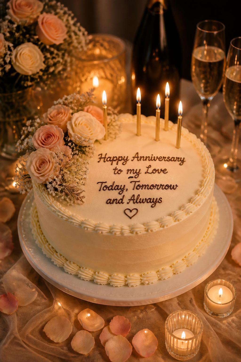 Image Prompt: A romantic wedding anniversary cake with smooth ivory buttercream, delicate piped borders, slim candles, soft blush flowers, and a sweet anniversary message on top. Style it on an intimate evening dessert table with glowing candles, champagne glasses, rose petals, and warm soft lighting. Make it look emotional, beautiful, and realistic, no people, no faces, no watermark. (no watermarks on images)