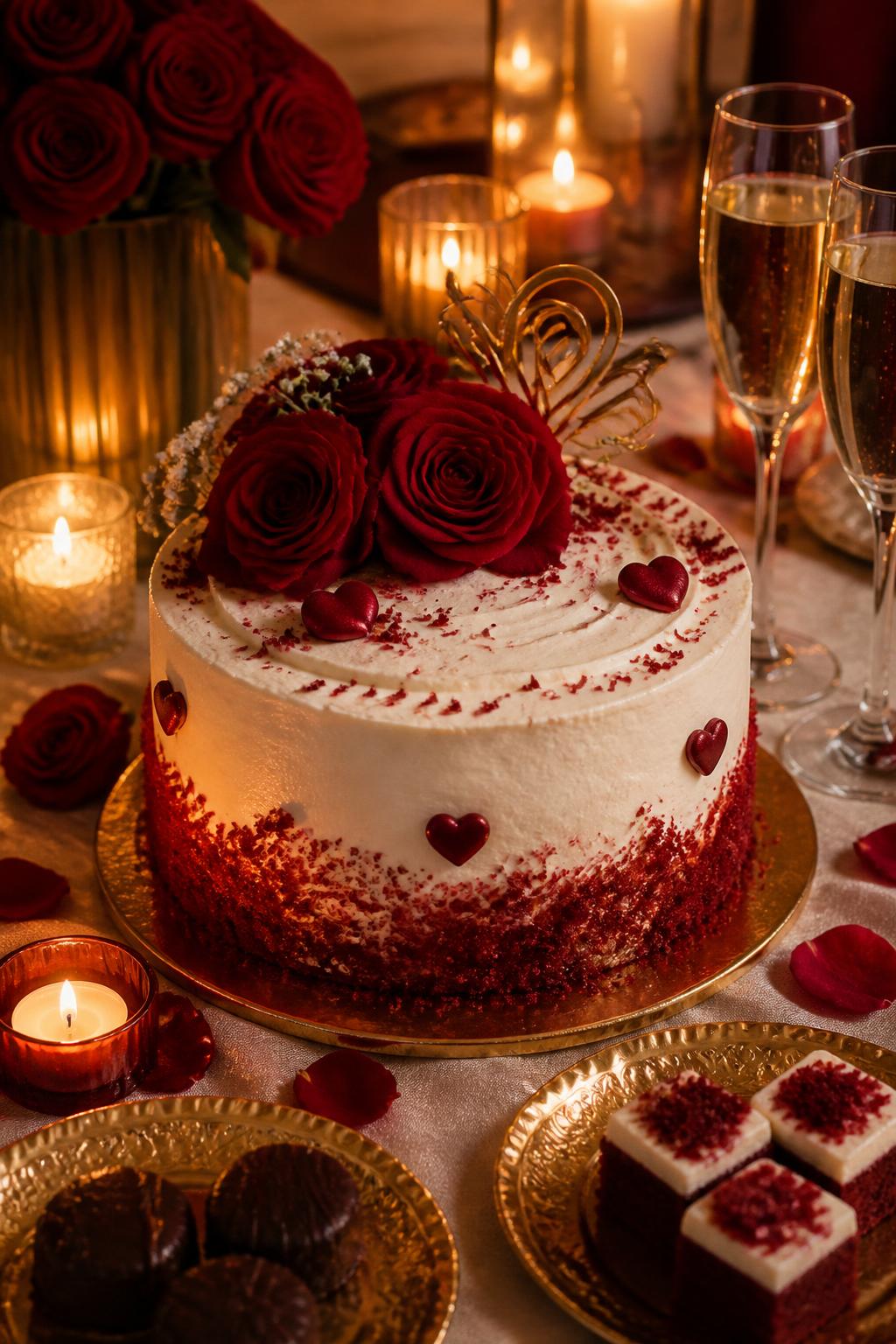 Image Prompt: A romantic red velvet anniversary cake with smooth cream cheese frosting, red crumb accents, fresh red roses, small heart details, and a delicate gold topper. Style it on a warm dessert table with candles, rose petals, gold dessert plates, and champagne glasses. Make it rich, elegant, and realistic, no people, no faces, no text overlay, no watermark. (no watermarks on images)