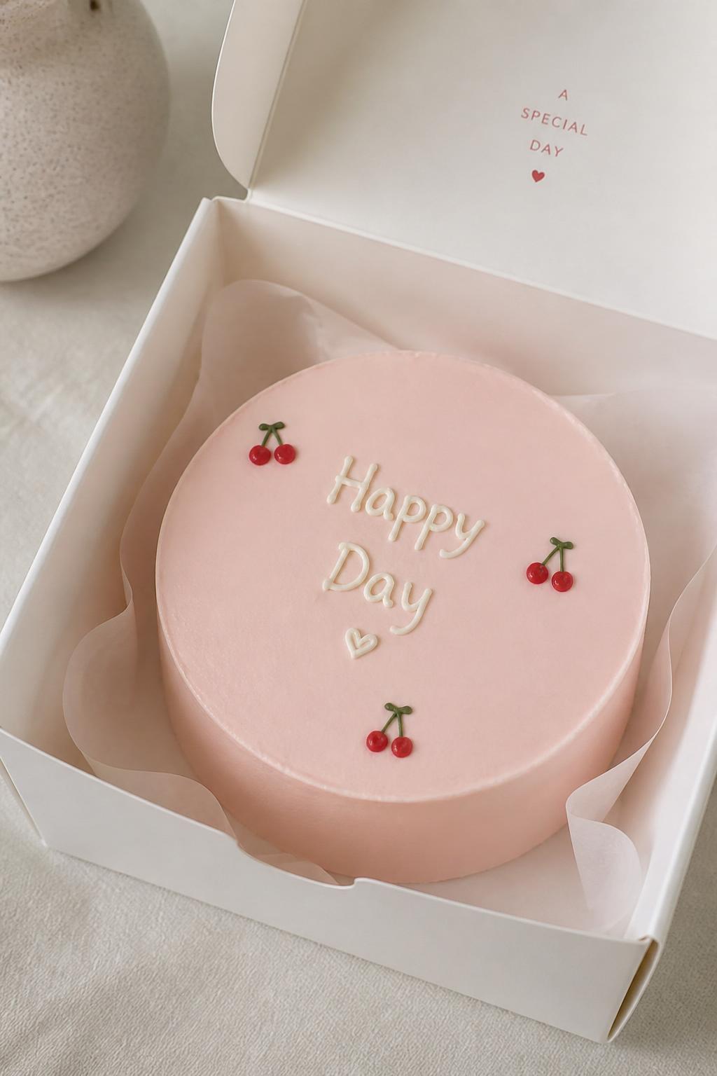 A modern Korean style pink bento cake in a white cake box, smooth pale pink frosting, clean finish, tiny red cherry details, simple handwritten icing message, minimal cute styling, soft neutral background, realistic editorial bakery photo, no people, no hands, no faces, no watermarks on images