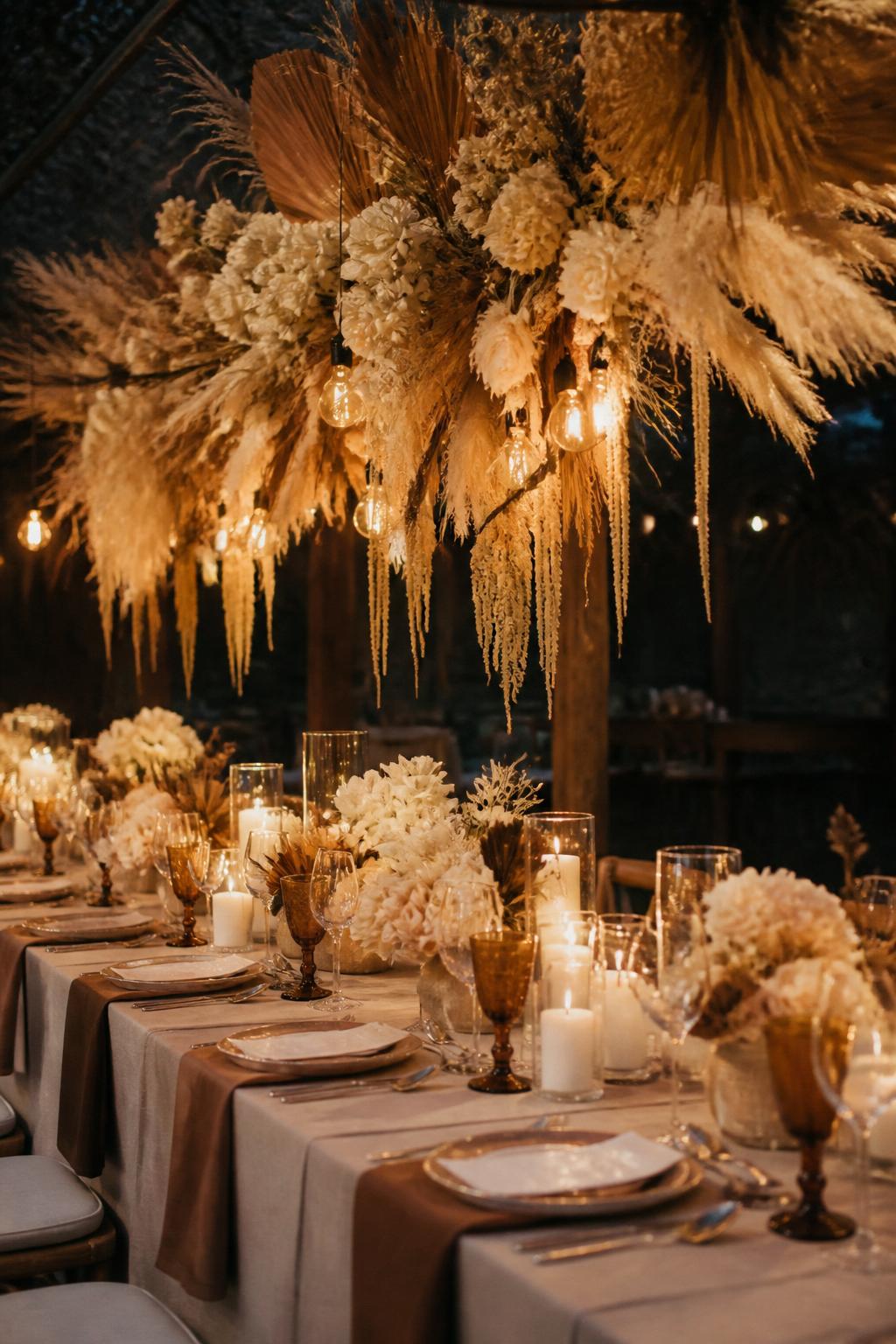 Image Prompt:
A dreamy editorial wedding reception photo showing a long table styled in brown and neutral tones beneath a hanging dried floral installation with pampas grass, beige flowers, dried palms, and soft warm lights. The table below has brown napkins, ivory flowers, candles, white plates, amber glassware, and elegant place settings. No visible faces, no full people, table and hanging decor focused, no text, no watermark, realistic DSLR wedding photography, (no watermarks on images)