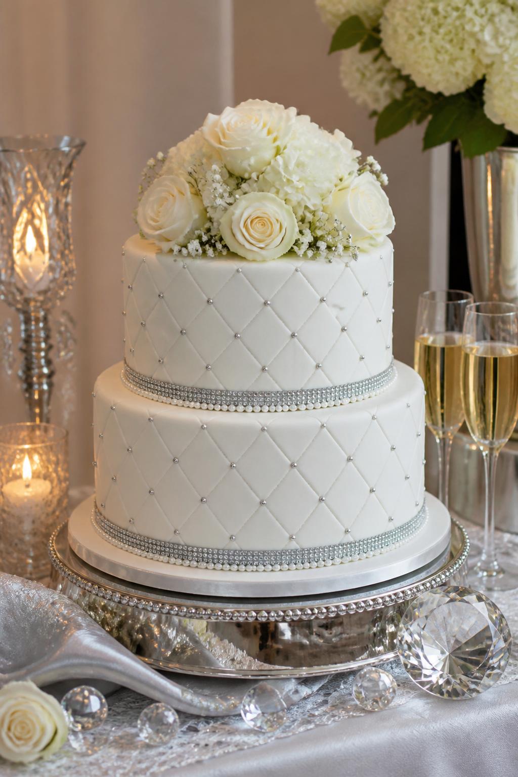 Image Prompt: A beautiful diamond wedding anniversary cake with smooth white fondant, a quilted diamond pattern around the tiers, tiny silver pearl dots at each crossing, and soft ivory flowers on top. Style it on a polished dessert table with crystal decor, silver ribbon, candles, and champagne glasses. Make it elegant, cute, and realistic, no people, no faces, no text overlay, no watermark. (no watermarks on images)