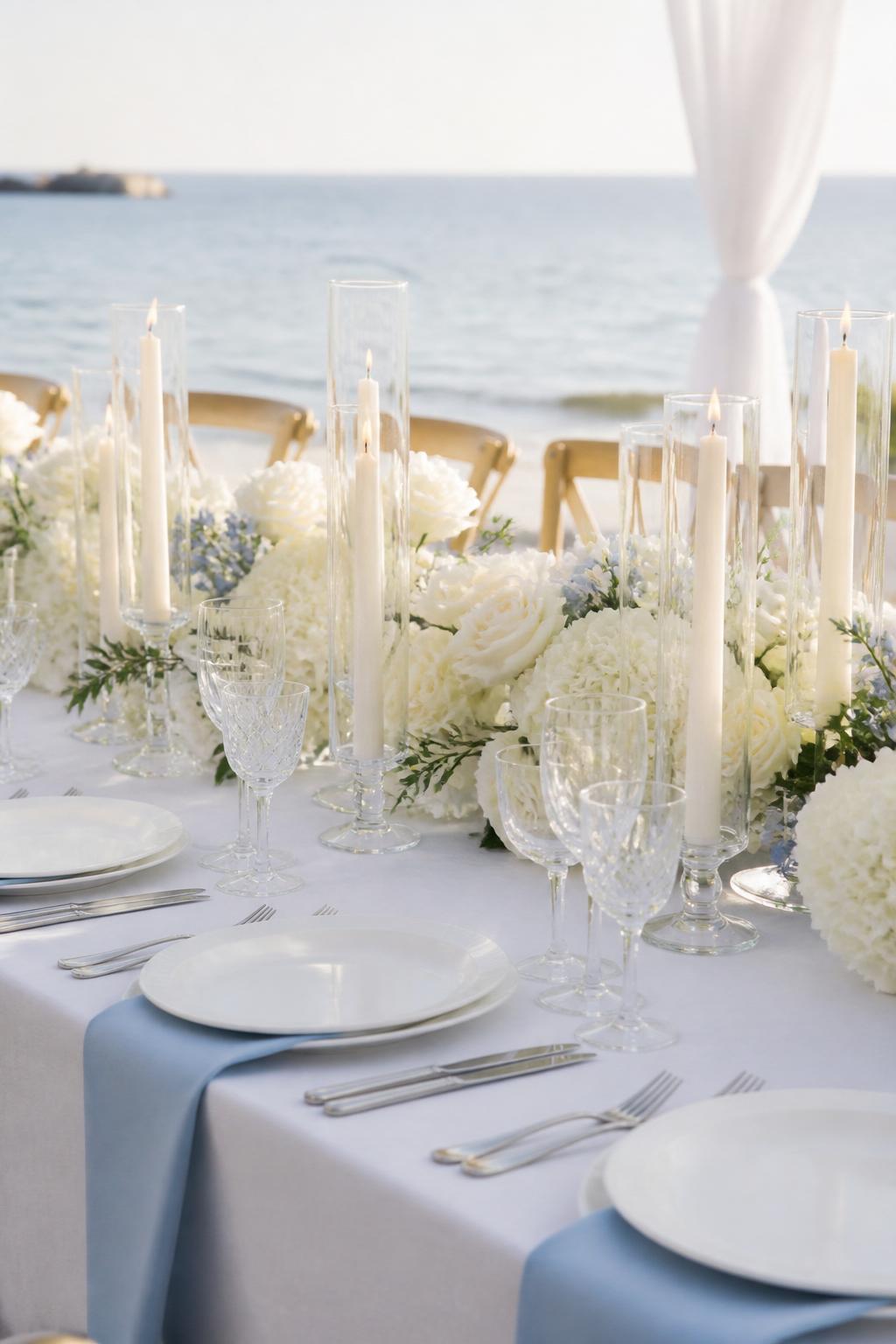Image Prompt:
A minimal coastal wedding table styled with crisp white linen, clear glass candle holders, white flowers, white plates, crystal glasses, polished flatware, and a few soft blue details. Bright seaside reception setting with natural light, no visible faces, no text, no watermark, realistic editorial wedding photography, (no watermarks on images)