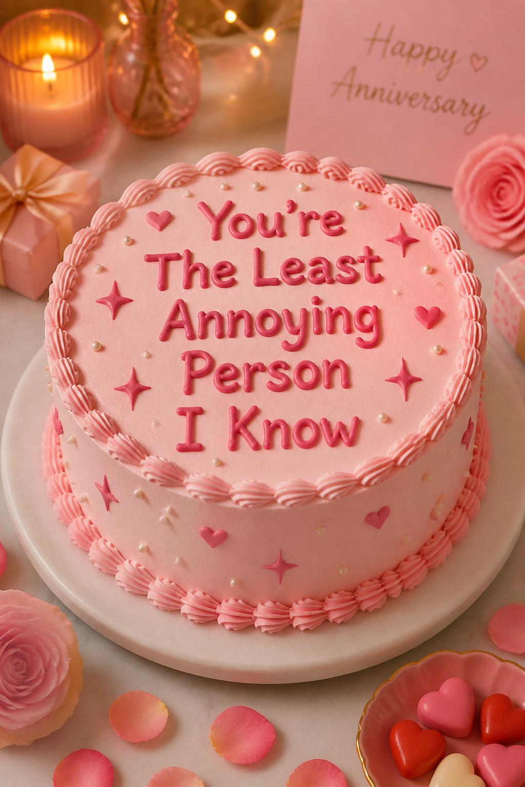 Image Prompt: A funny anniversary cake with smooth pale pink buttercream, bold piped lettering that says “You’re The Least Annoying Person I Know,” tiny hearts, pearl dots, and playful star accents. Style it on a sweet dessert table with candles, rose petals, small gifts, and warm soft light. Make it funny, cute, and polished, no people, no faces, no watermark. (no watermarks on images)