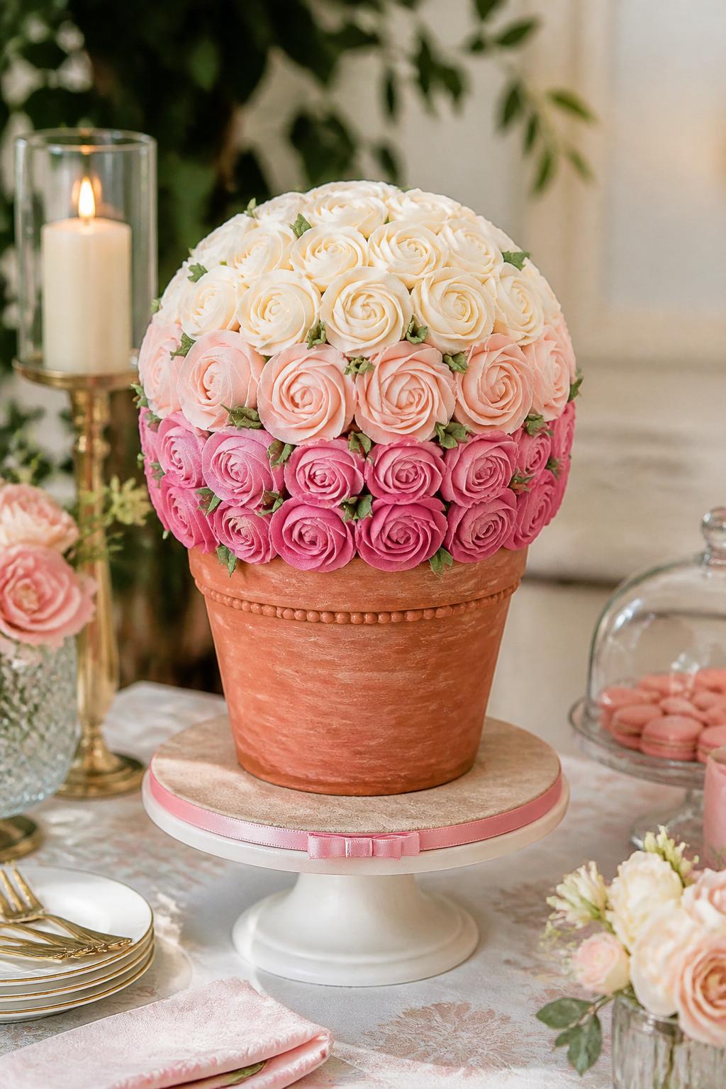 Detailed Image Prompt:
A stylish flower pot cake with a rounded topiary-style dome covered in tightly piped buttercream roses in ombre shades from ivory to blush to deeper pink, a textured terracotta pot base, and subtle green leaves, styled on an elegant dessert table with soft romantic decor, realistic editorial cake photography, no people, high detail, no watermarks on images.