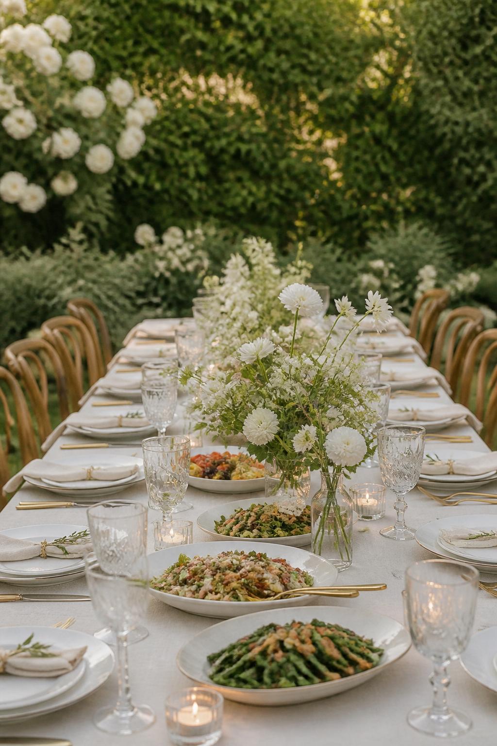 Image Prompt:
A fresh garden wedding family style dinner table decorated with white flowers, soft greenery, white plates, clear glasses, gold flatware, linen napkins, small candles, and shared serving dishes placed neatly along the center. Outdoor garden reception with soft natural light, no visible faces, no text, no watermark, realistic editorial wedding photography, (no watermarks on images)