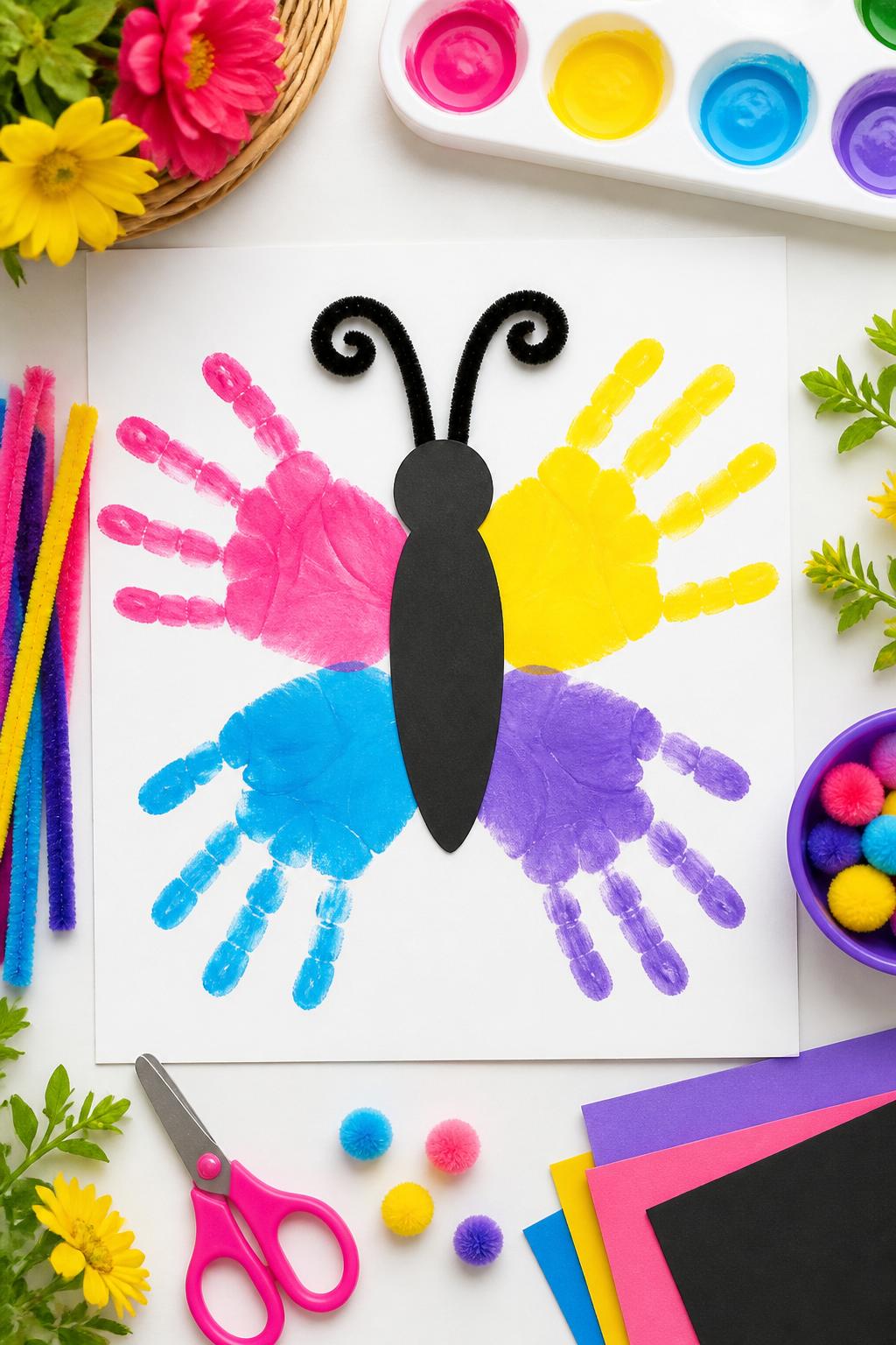 Detailed Image Prompt:
A colorful summer craft photo showing handprint butterfly art, four painted handprints used as butterfly wings in bright pink, yellow, blue, and purple, black paper body in the center, pipe cleaner antennae, craft supplies arranged on a clean white table, cheerful garden craft style, no people, no real hands, no faces, no readable text, no watermark on images.