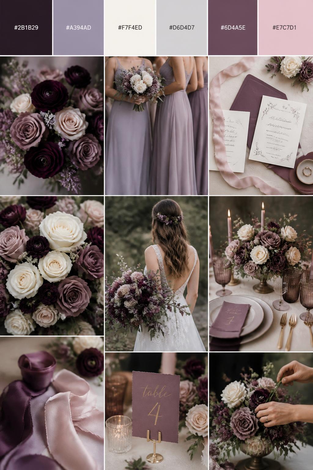 A romantic wedding color scheme mood board in a vertical Pinterest collage layout. Add a top palette strip with hex codes in deep eggplant, dusty lavender, cream, soft gray, muted plum, and pale blush. Below, show realistic wedding images: eggplant-toned florals, lavender-gray bridesmaid dress fabric, cream roses, soft table styling, silk ribbon, elegant invitations, a back-view bride with bouquet and no visible face, and a close-up of hands placing floral stems into a centerpiece. The mood should be dark, soft, cute, and romantic with natural DSLR photo quality. 9:16 vertical format. Avoid all full-face shots. (no watermarks on images)