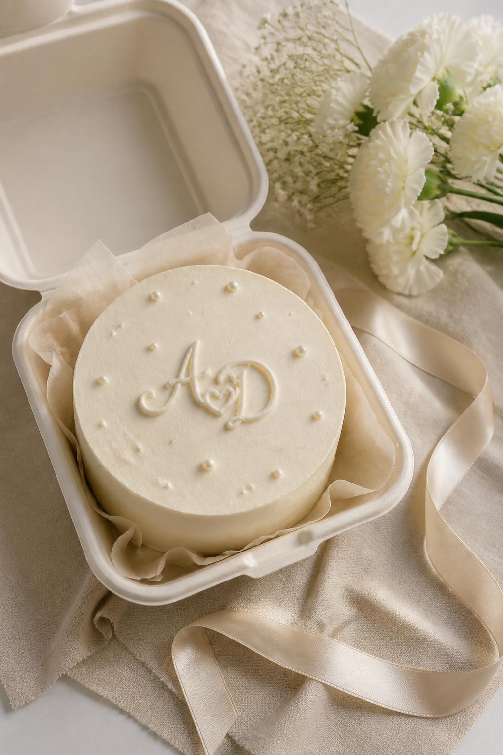 Image Prompt: A modern bento anniversary cake with smooth cream buttercream, a piped couple monogram in the center, tiny pearl accents, and a thin satin ribbon placed beside the cake box. Style it on a clean neutral table with soft beige linen, white flowers, and warm daylight. Make it look personal, simple, and elegant, no people, no faces, no text overlay, no watermark. (no watermarks on images)